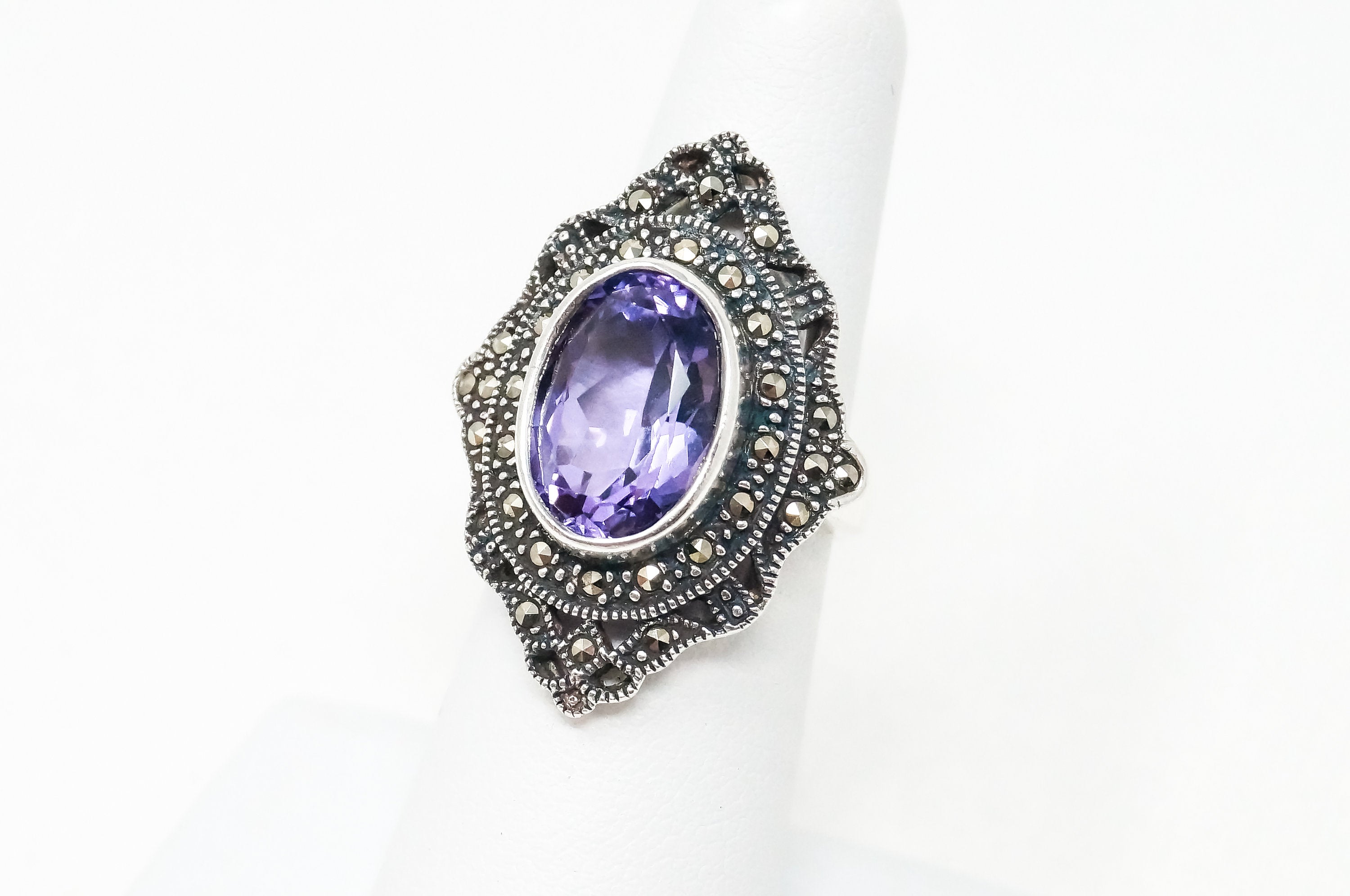 Vintage Art Deco Amethyst Marcasite Sterling Silver Ring - Sz 5.75 - 785044072