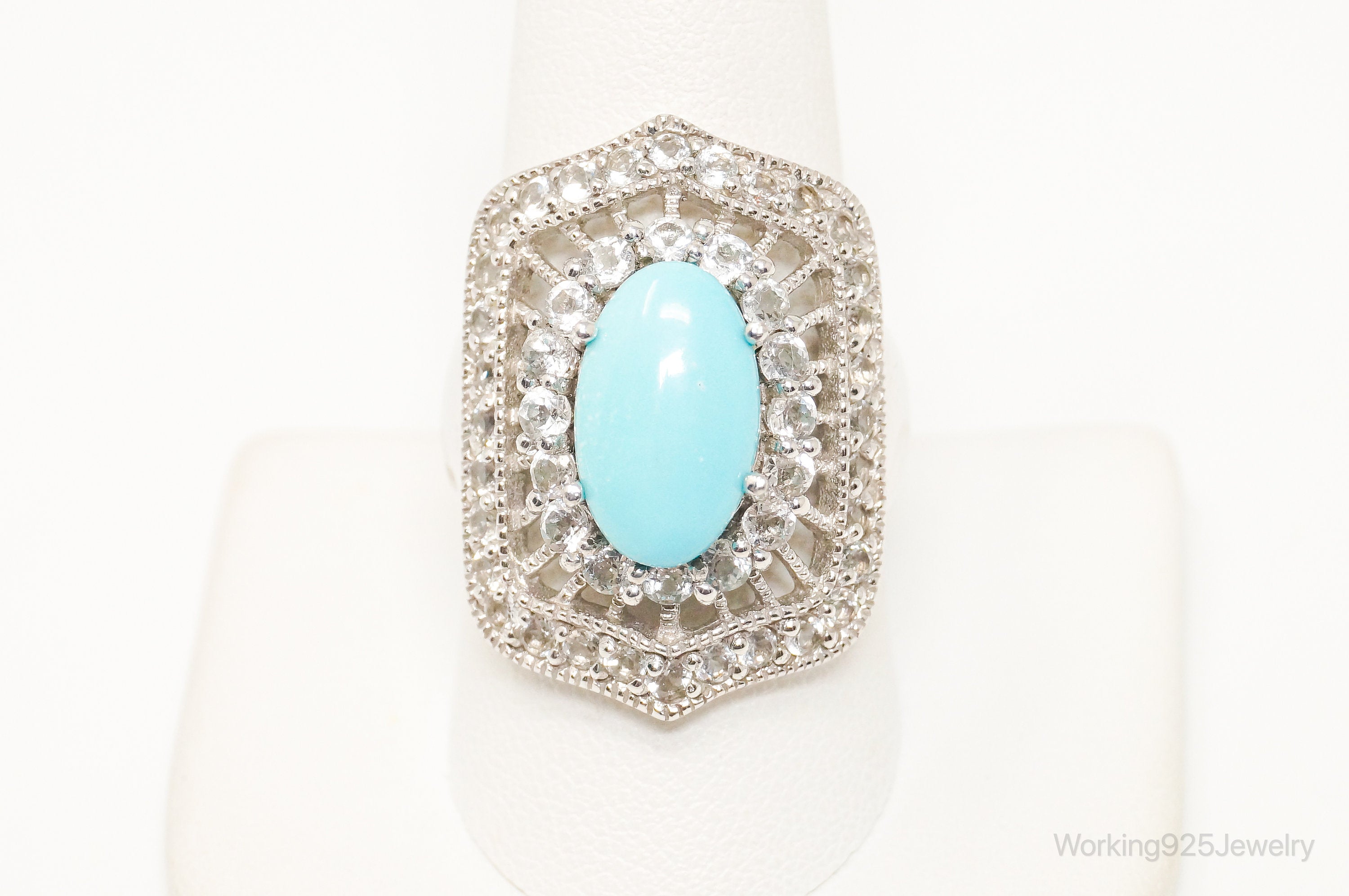 Vintage Designer SX Large Turquoise CZ Sterling Silver Ring - Size 9.75