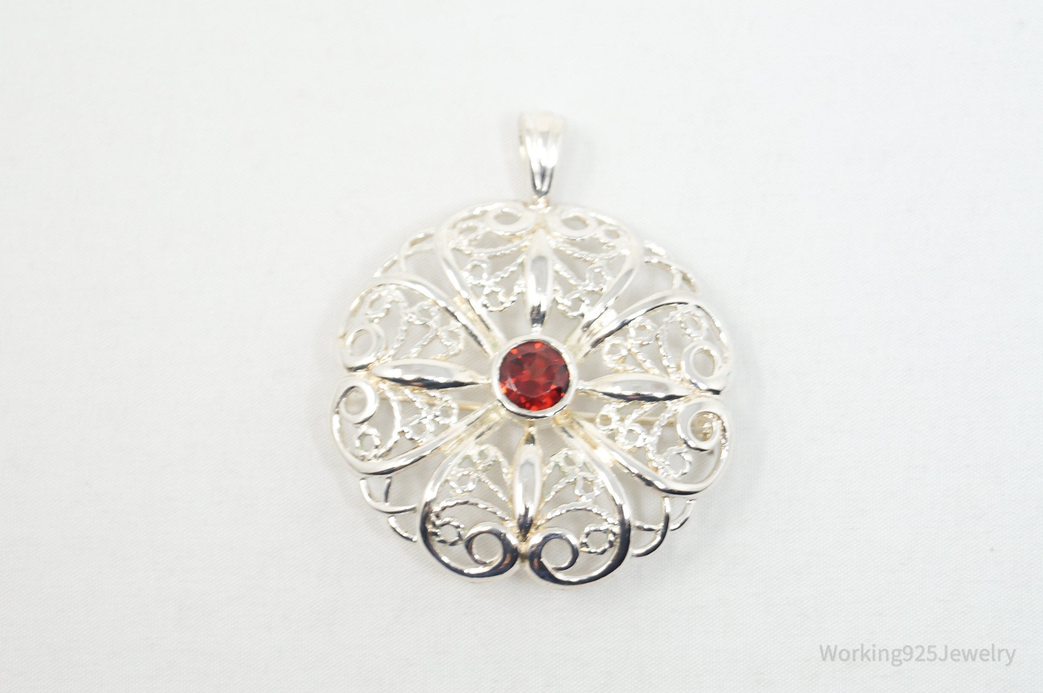 Large Vintage Red Garnet Floral Sterling Silver Brooch Pendant