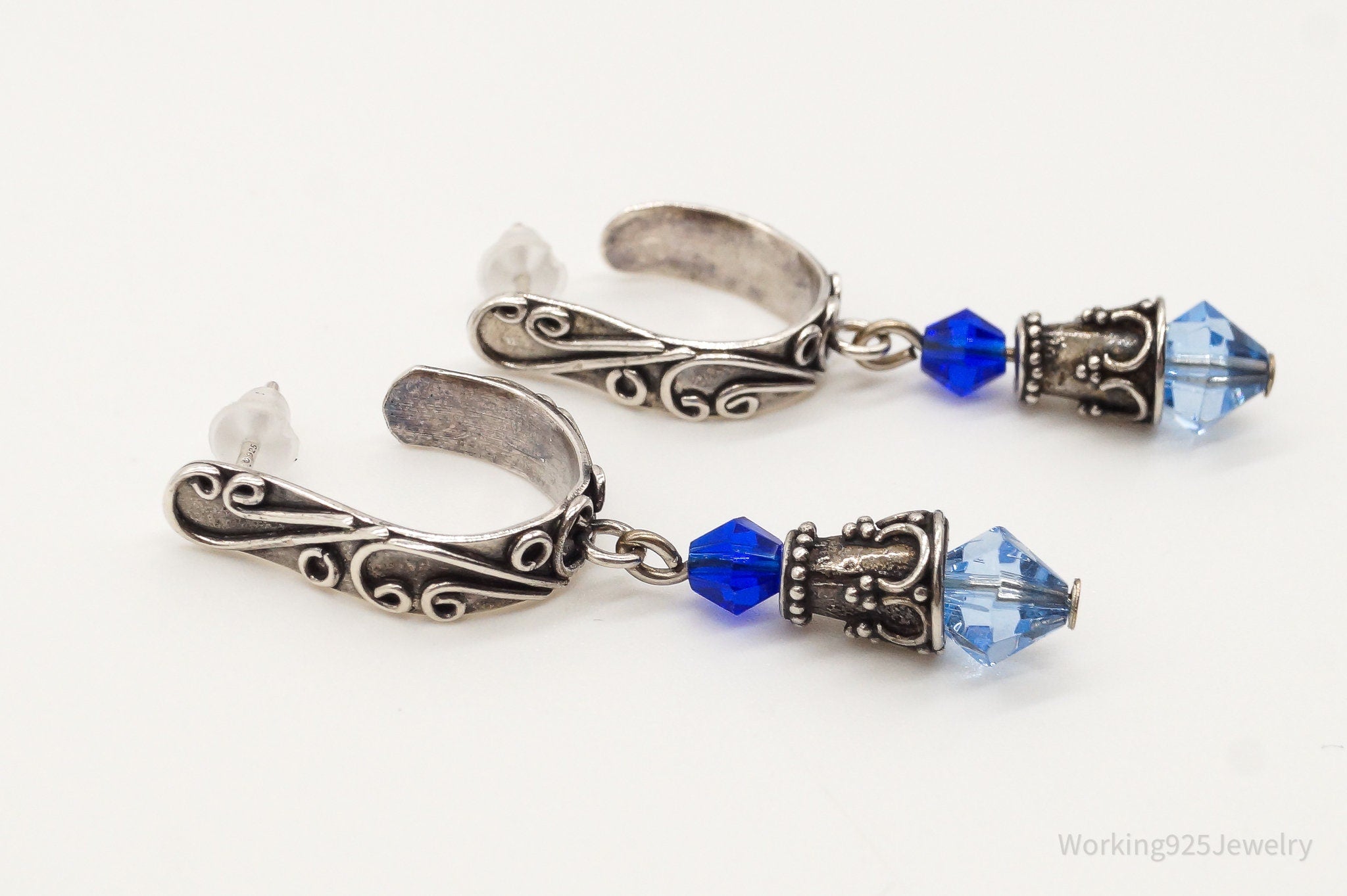 Vintage Bali Inspired Blue Bead Silver Earrings