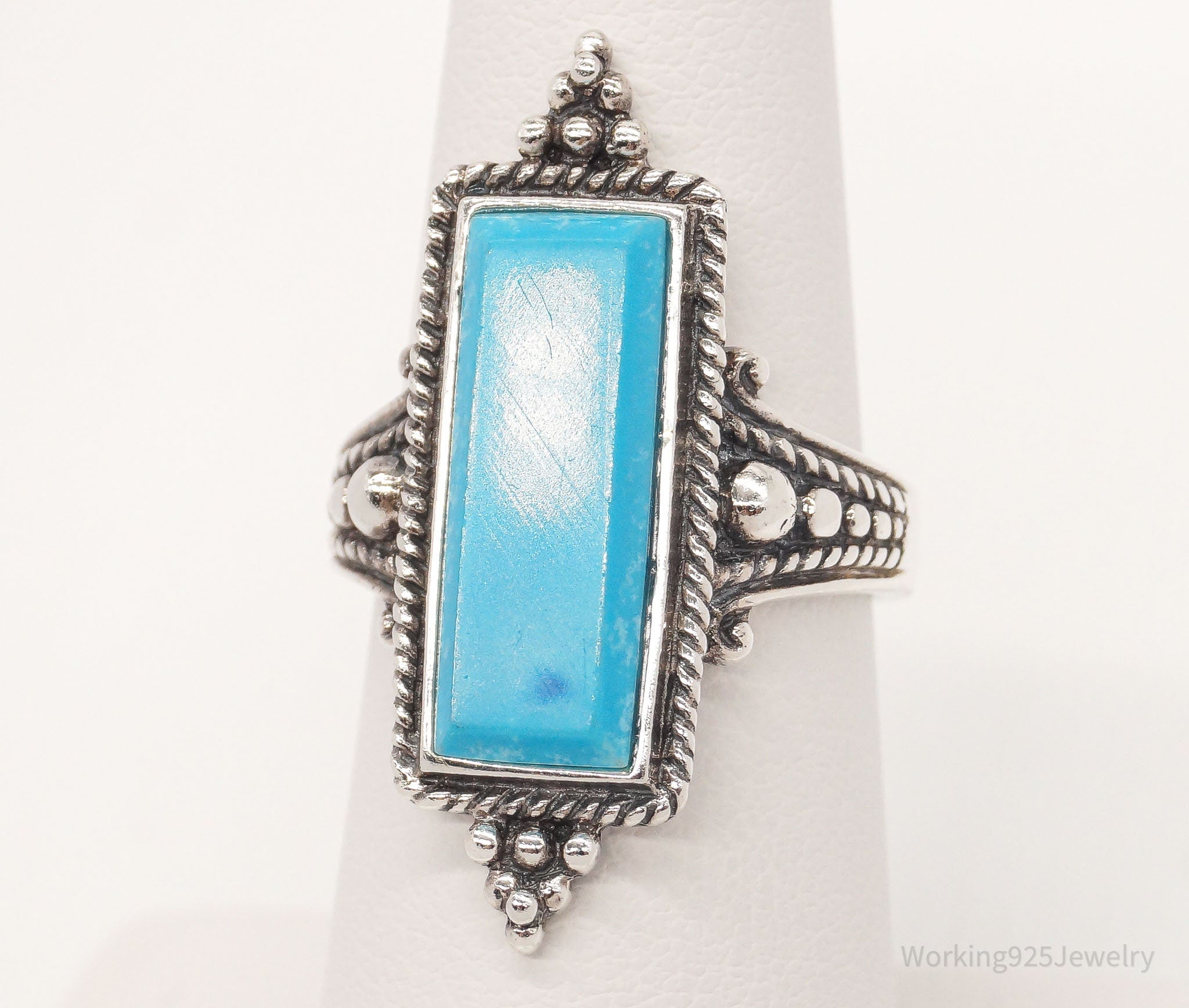 Vintage Bali Style Blue Turquoise Filigree Sterling Silver Ring - Size 6.75