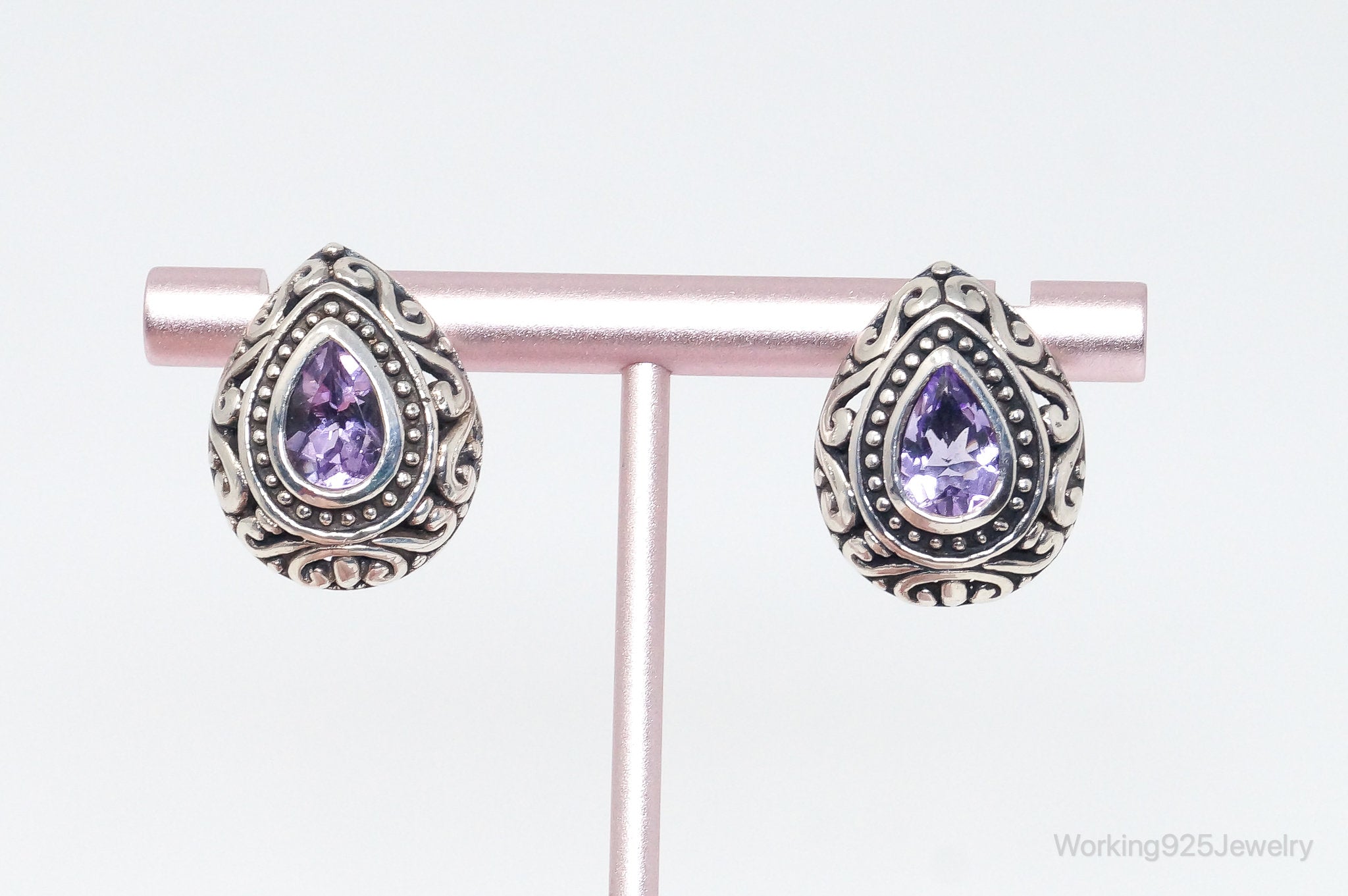 Vintage Designer Amethyst Scroll Sterling Silver Earrings