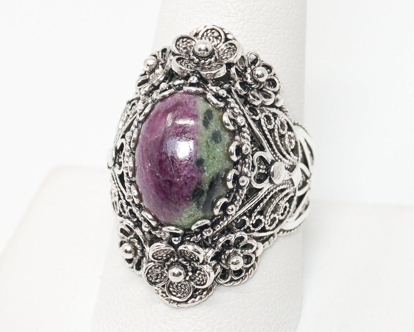 Vintage Designer DGS Ruby Zoisite Filigree Sterling Silver Ring - Size 10