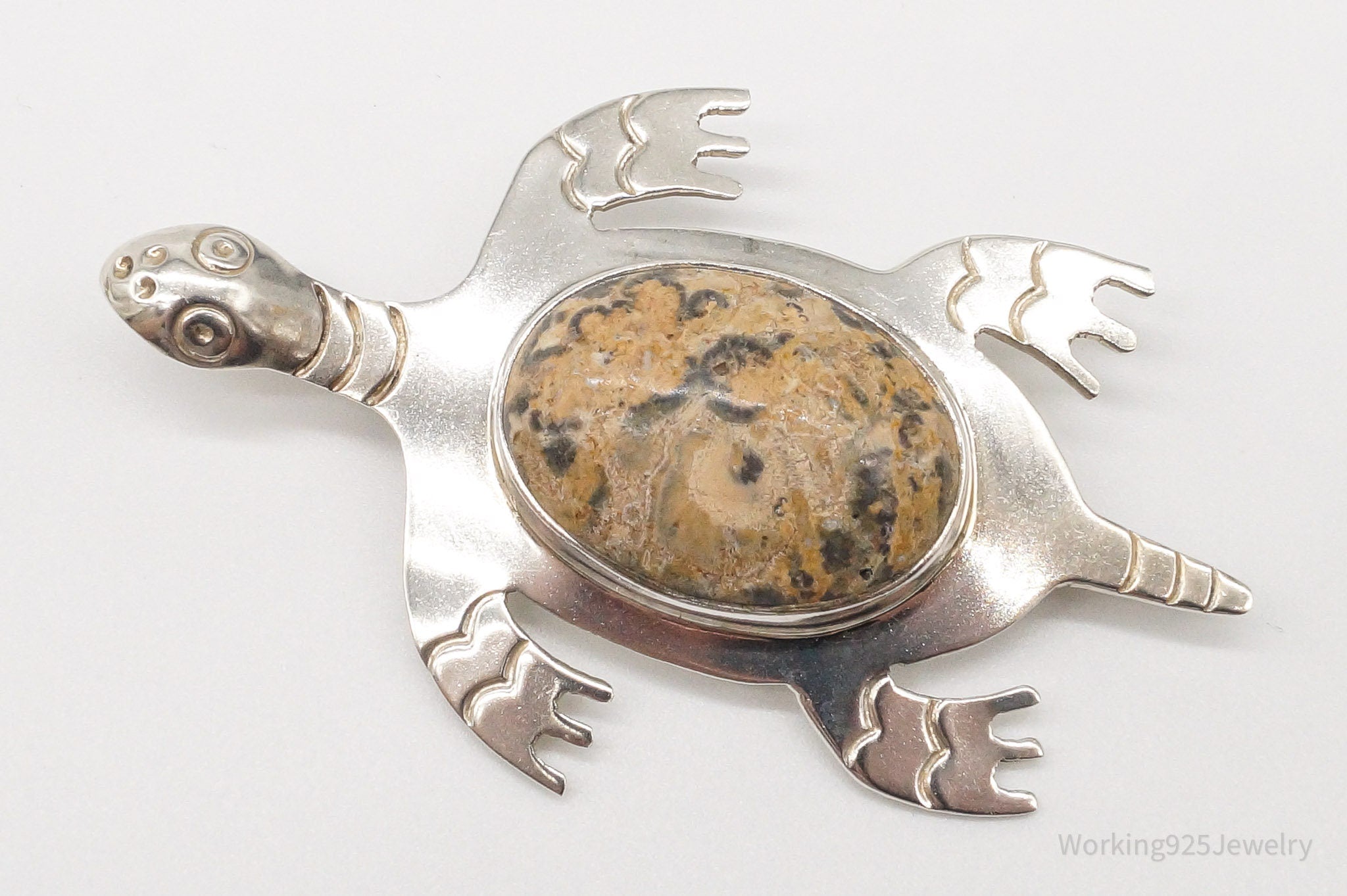 Large Vintage Mexico CII Jasper Sea Turtle Sterling Silver Brooch Pin