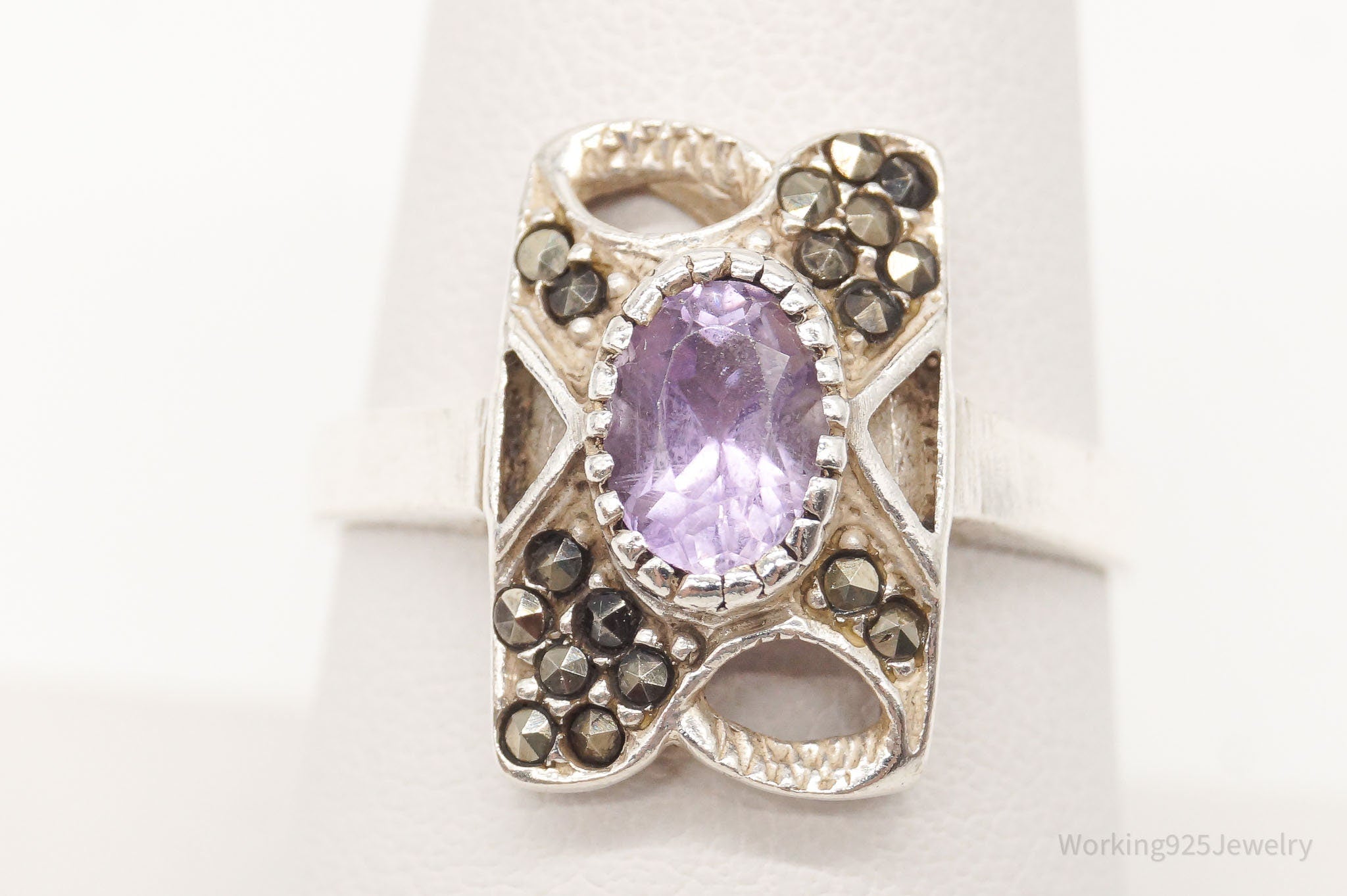 Vintage Amethyst Marcasite Sterling Silver Ring - Size 8.75