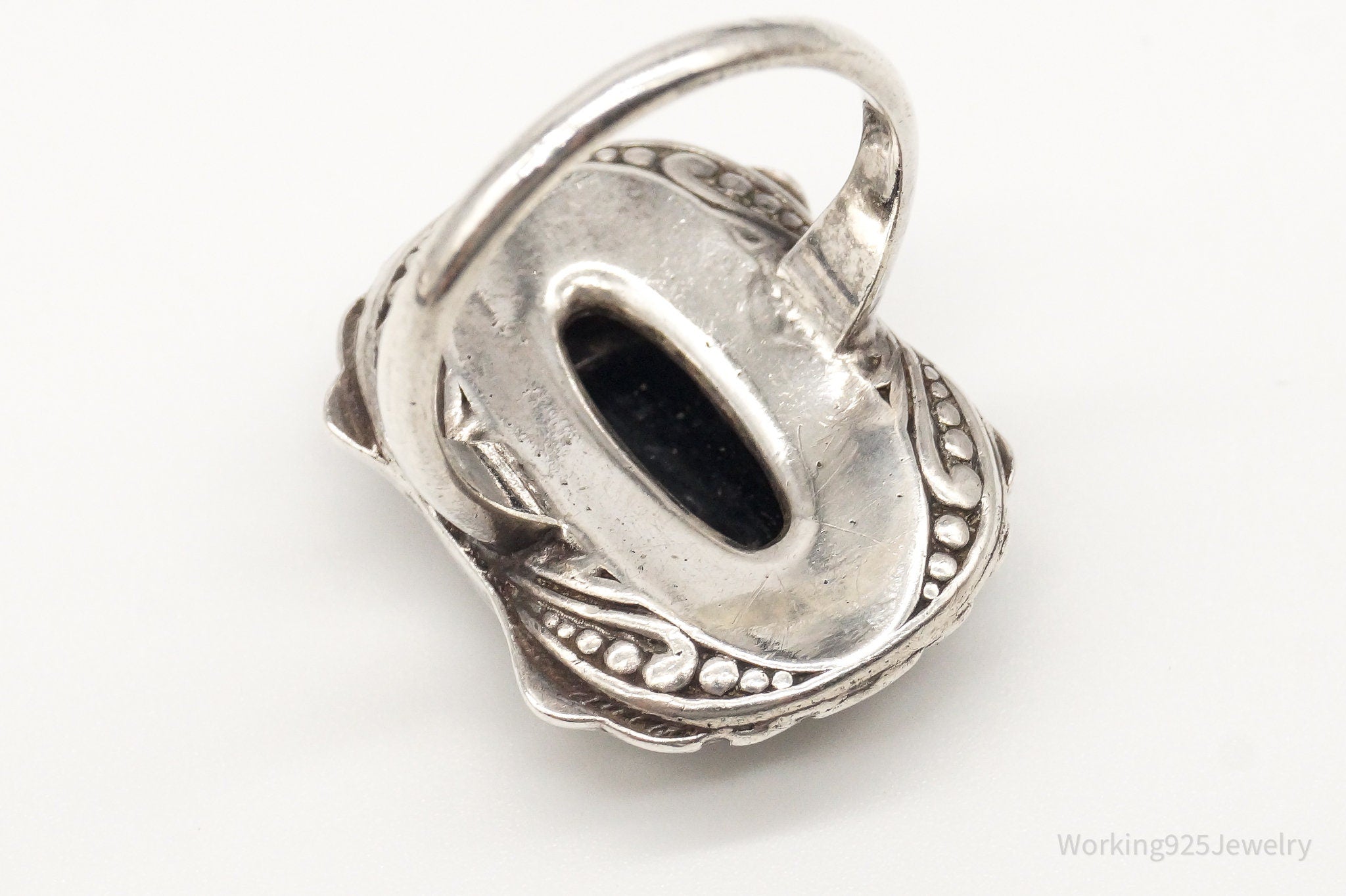 Antique Black Onyx Marcasite Sterling Silver Ring SZ 7.75