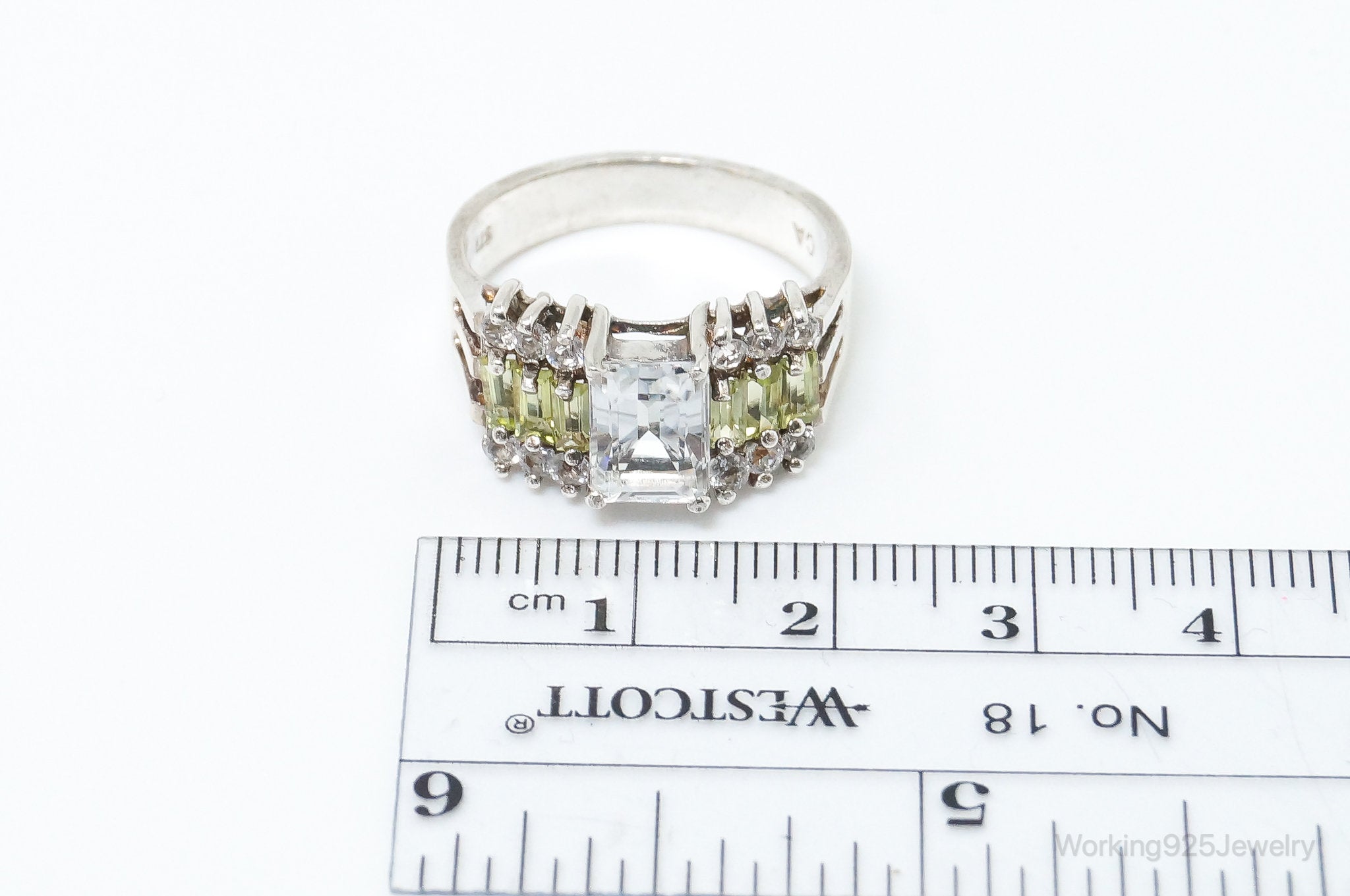 Vintage Art Deco Peridot CZ Sterling Silver Statement Ring - Size 8.75