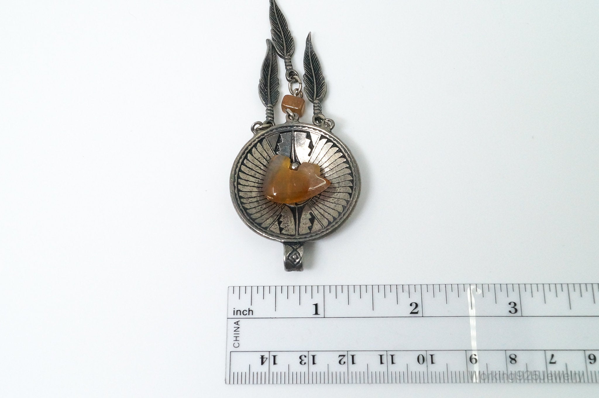 Large Vintage Native American Orange Agate Bear Sterling Silver Pendant