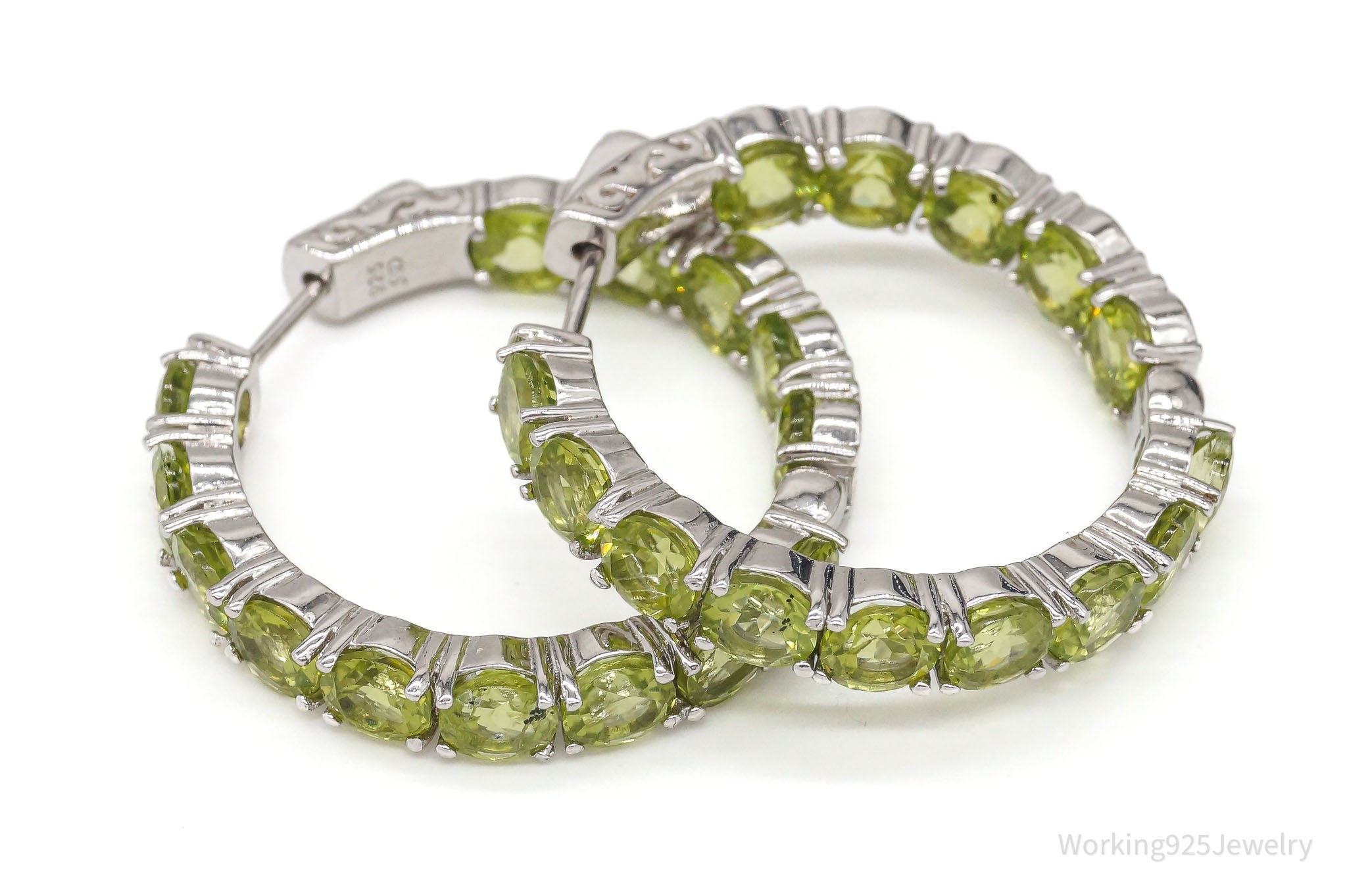 Large Designer SD Peridot Rhodium Over Sterling Silver Hoop Earrings