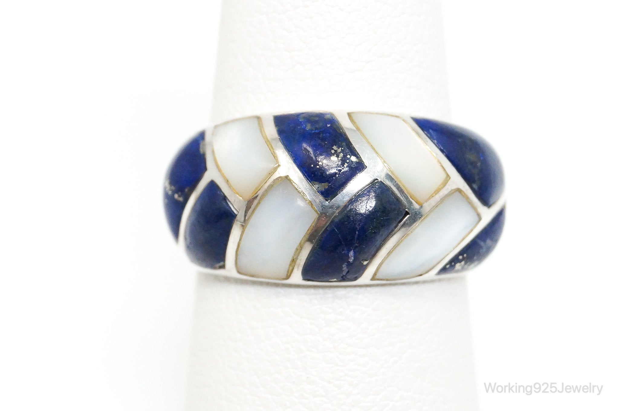 Vintage Designer S & G Lapis Lazuli Mother Of Pearl Sterling Silver Ring SZ 6