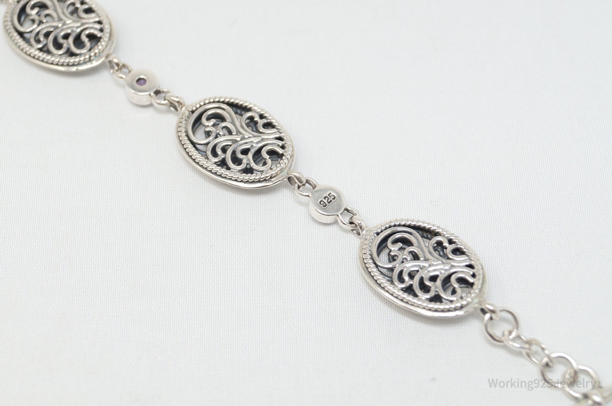 Vintage Amethyst Filigree Scroll Style Sterling Silver Bracelet