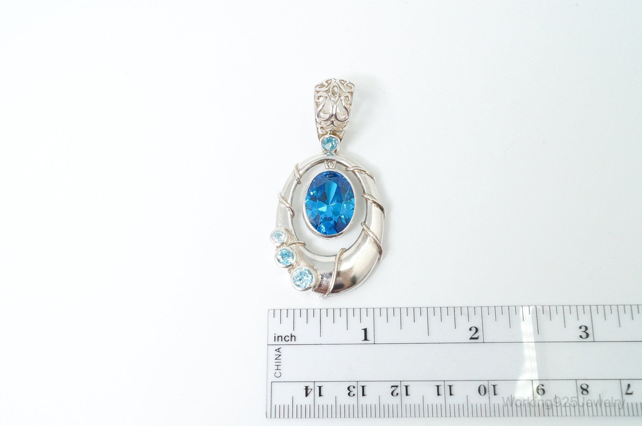 Vintage Art Deco Large Blue Topaz Sterling Silver Pendant