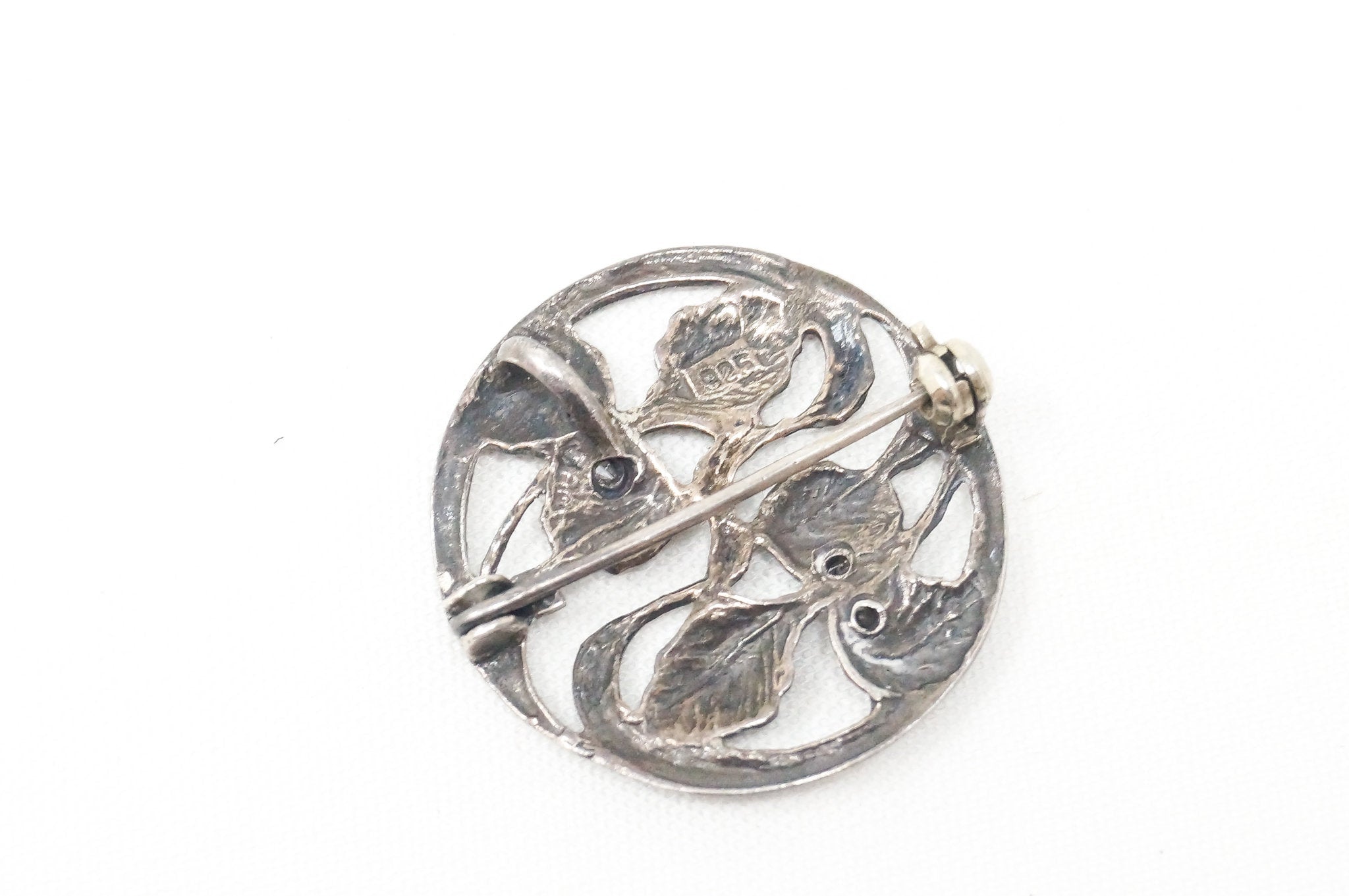 Antique Art Nouveau Motif Floral CZ Sterling Silver Brooch Pin