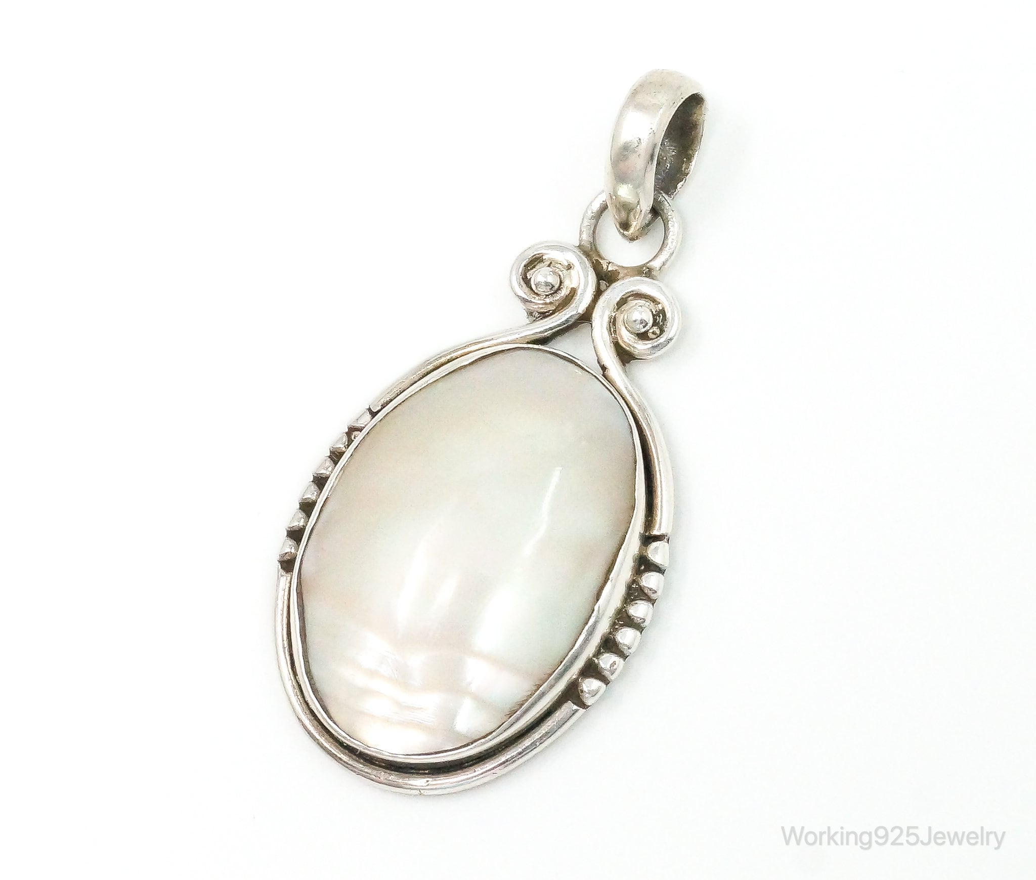 Large Vintage Mother Of Pearl Sterling Silver Pendant