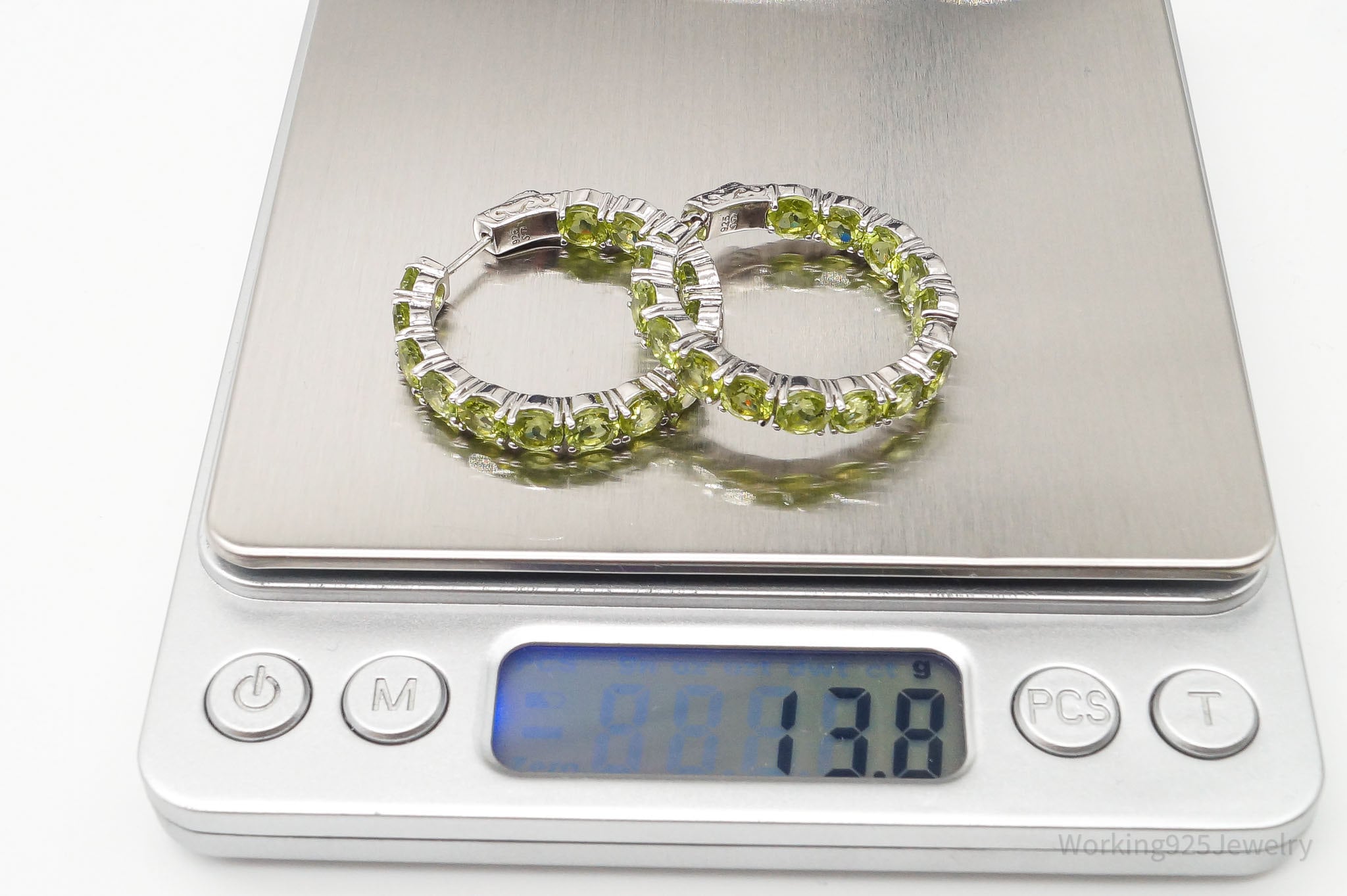 Large Designer SD Peridot Rhodium Over Sterling Silver Hoop Earrings