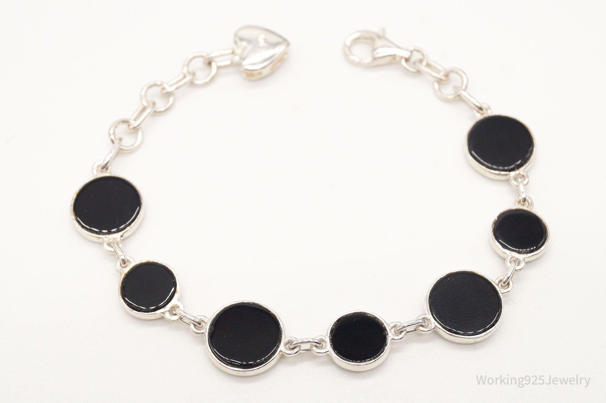 Vintage Black Onyx Good Fortune Sterling Silver Bracelet