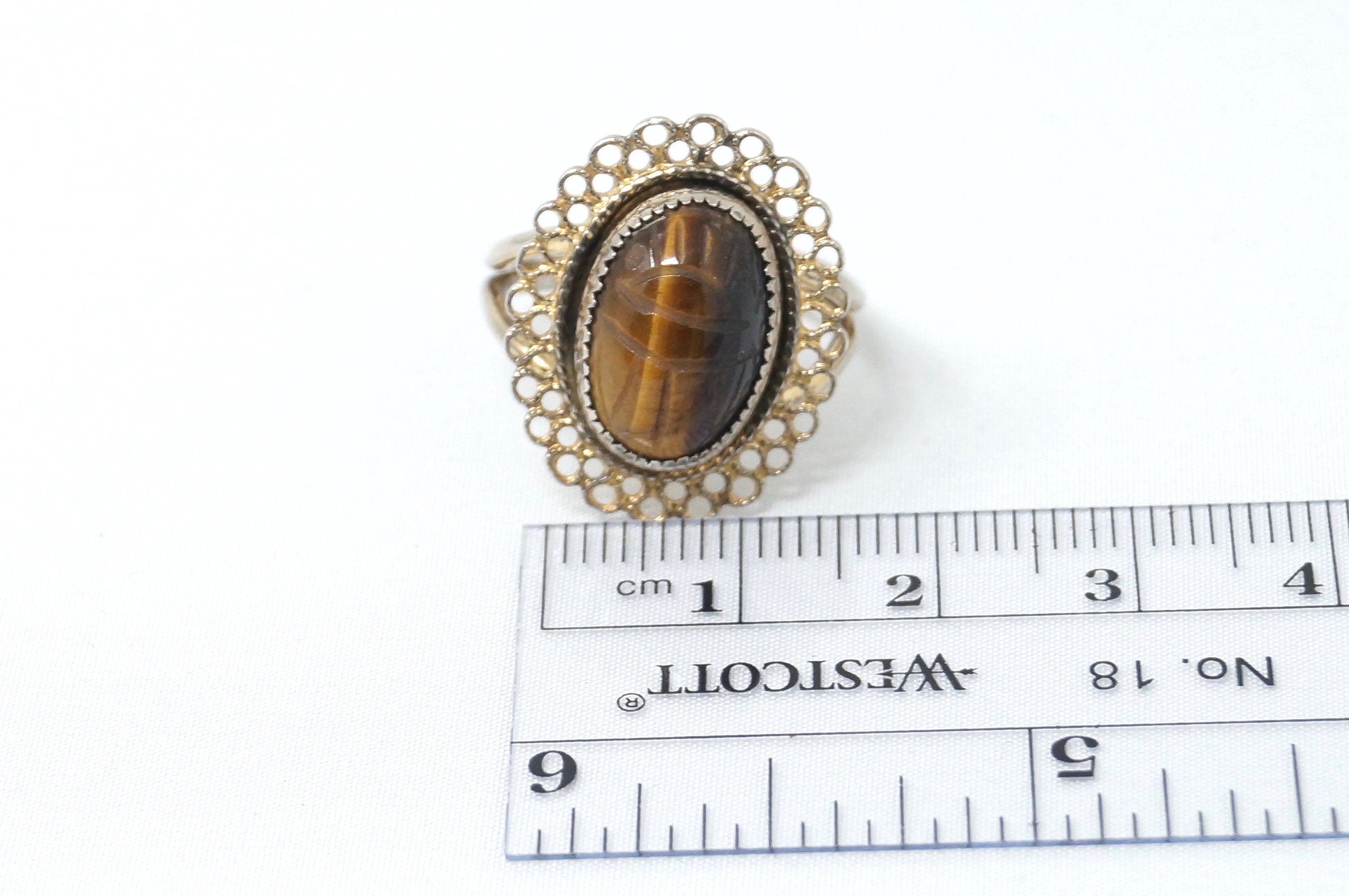 Rare BEAU Tigers EyeScarab Gold Vermeil Sterling Silver Adj. ring - Sz5.25