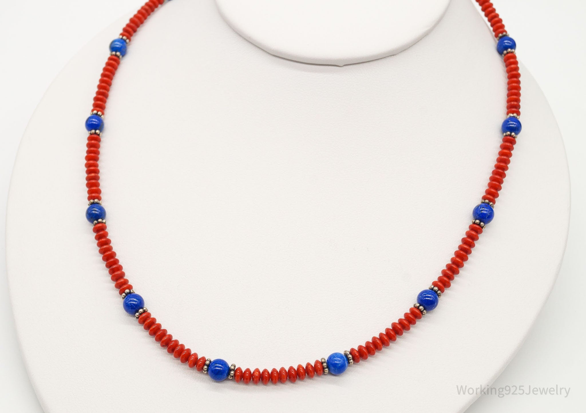 Vintage Handmade Native American Coral Lapis Lazuli Silver Beaded Necklace