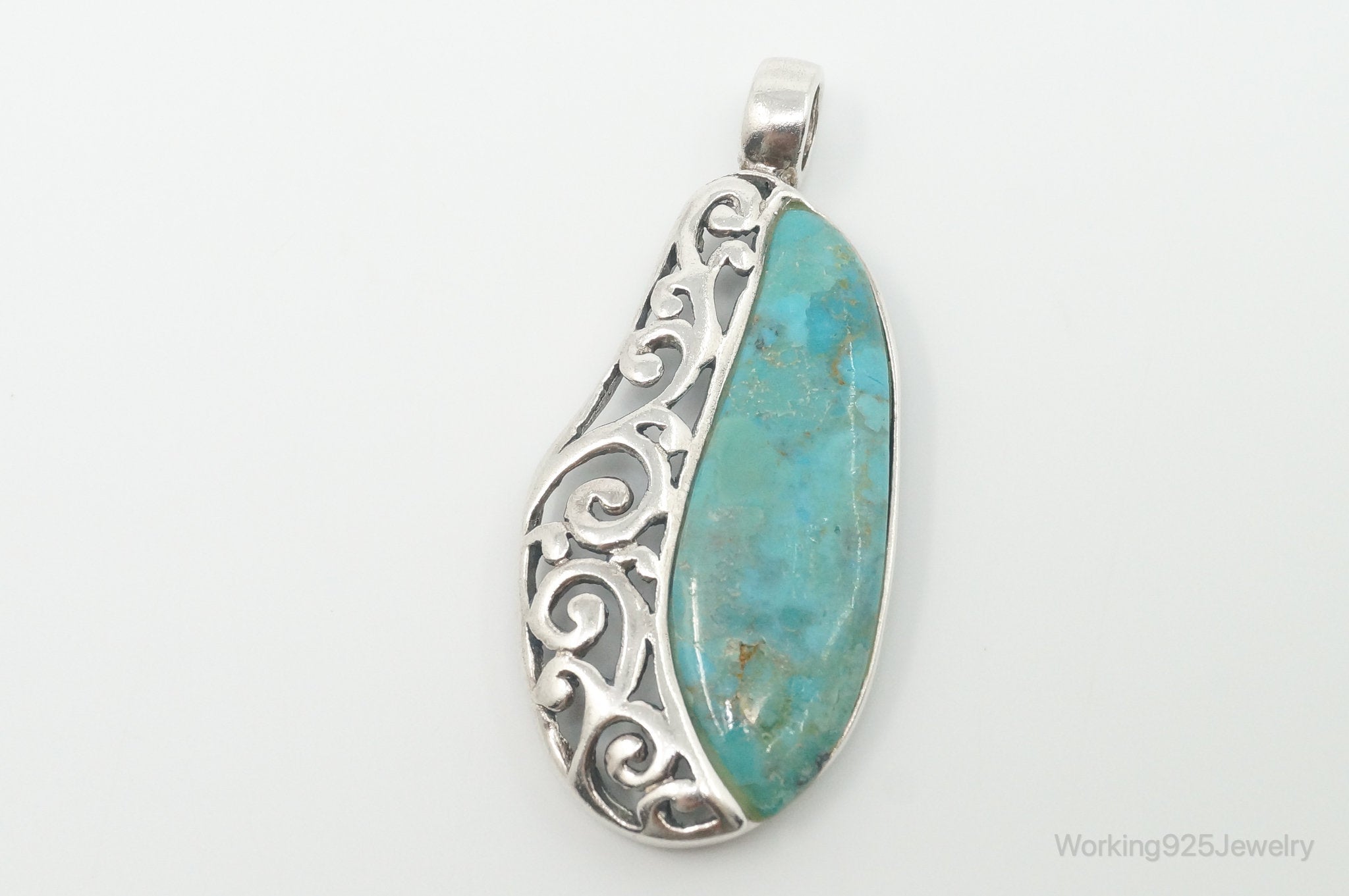 Large Vintage Turquoise Scroll Sterling Silver Southwestern Pendant