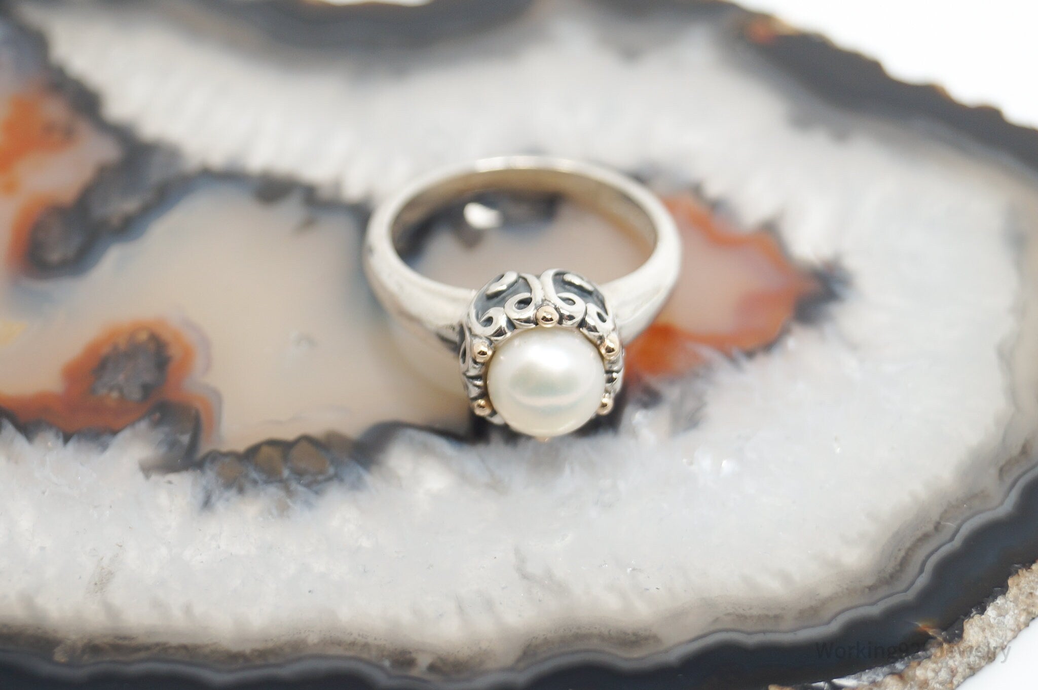 Vintage Designer ATR 14K Gold Pearl Sterling Silver Ring - Size 5.75