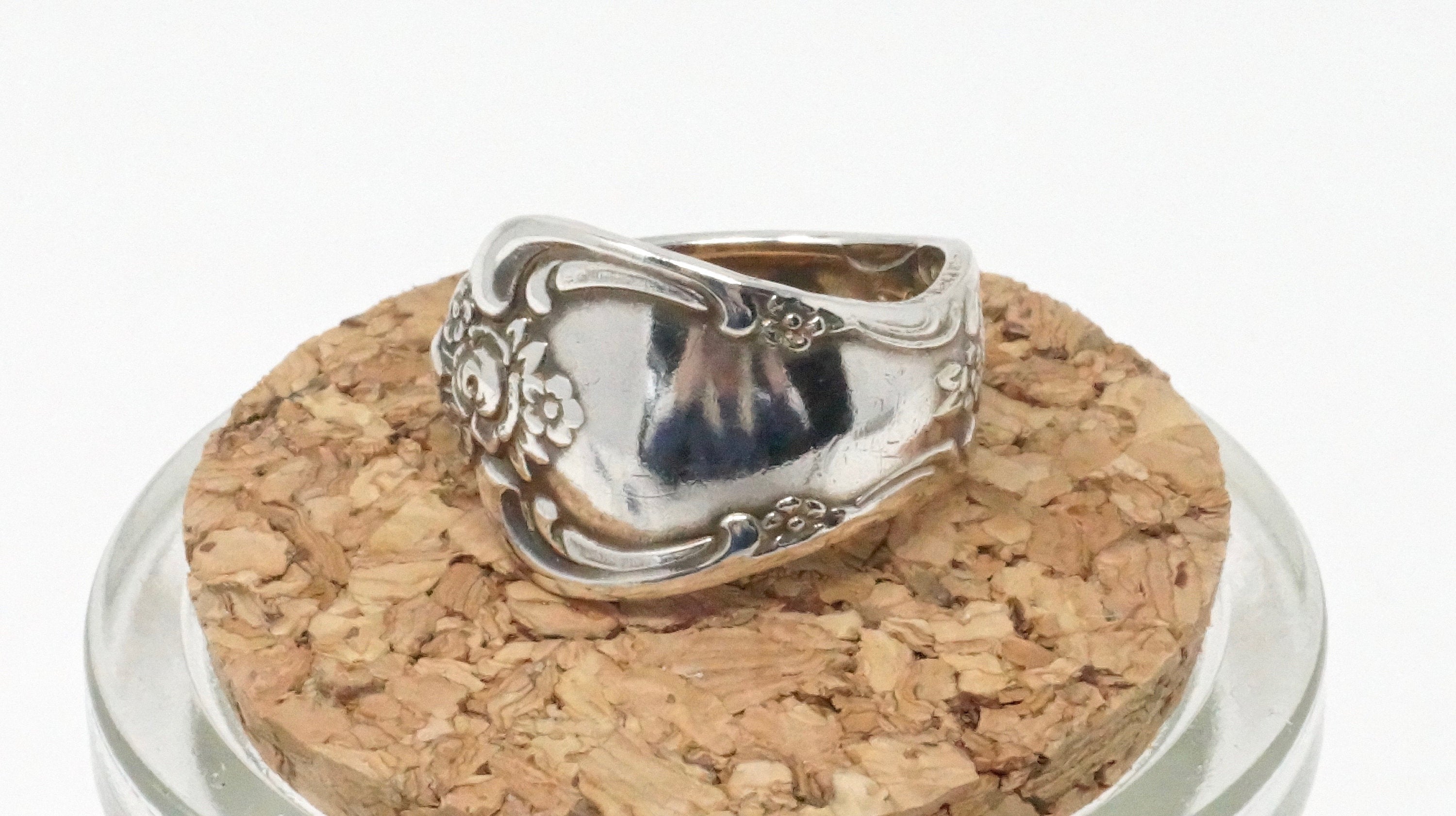 Antique Motif Art Nouveau Flower Sterling Silver Spoon Wrap Ring - Size 6