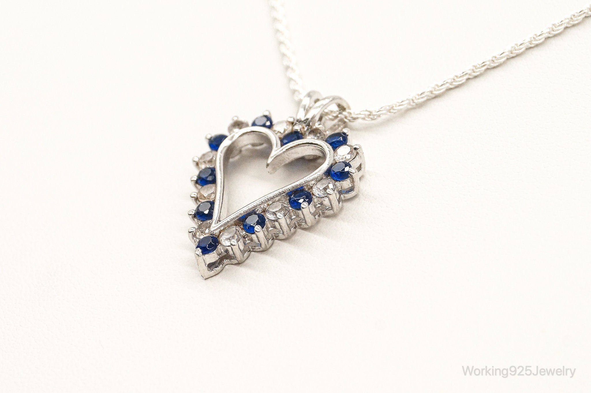 Blue & White Cubic Zirconia Heart Sterling Silver Necklace