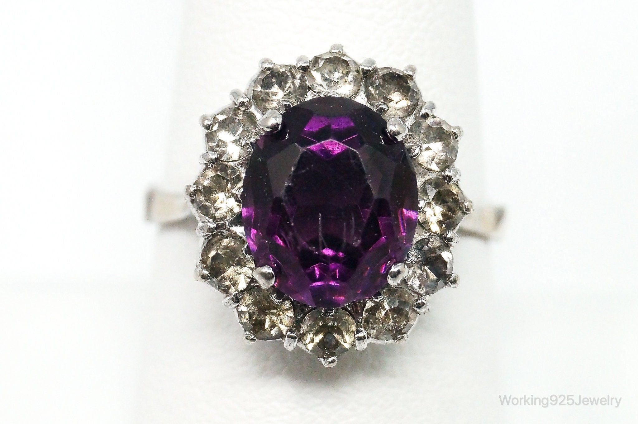 Antique Amethyst Rhinestone Sterling Silver Ring - Size 8.75