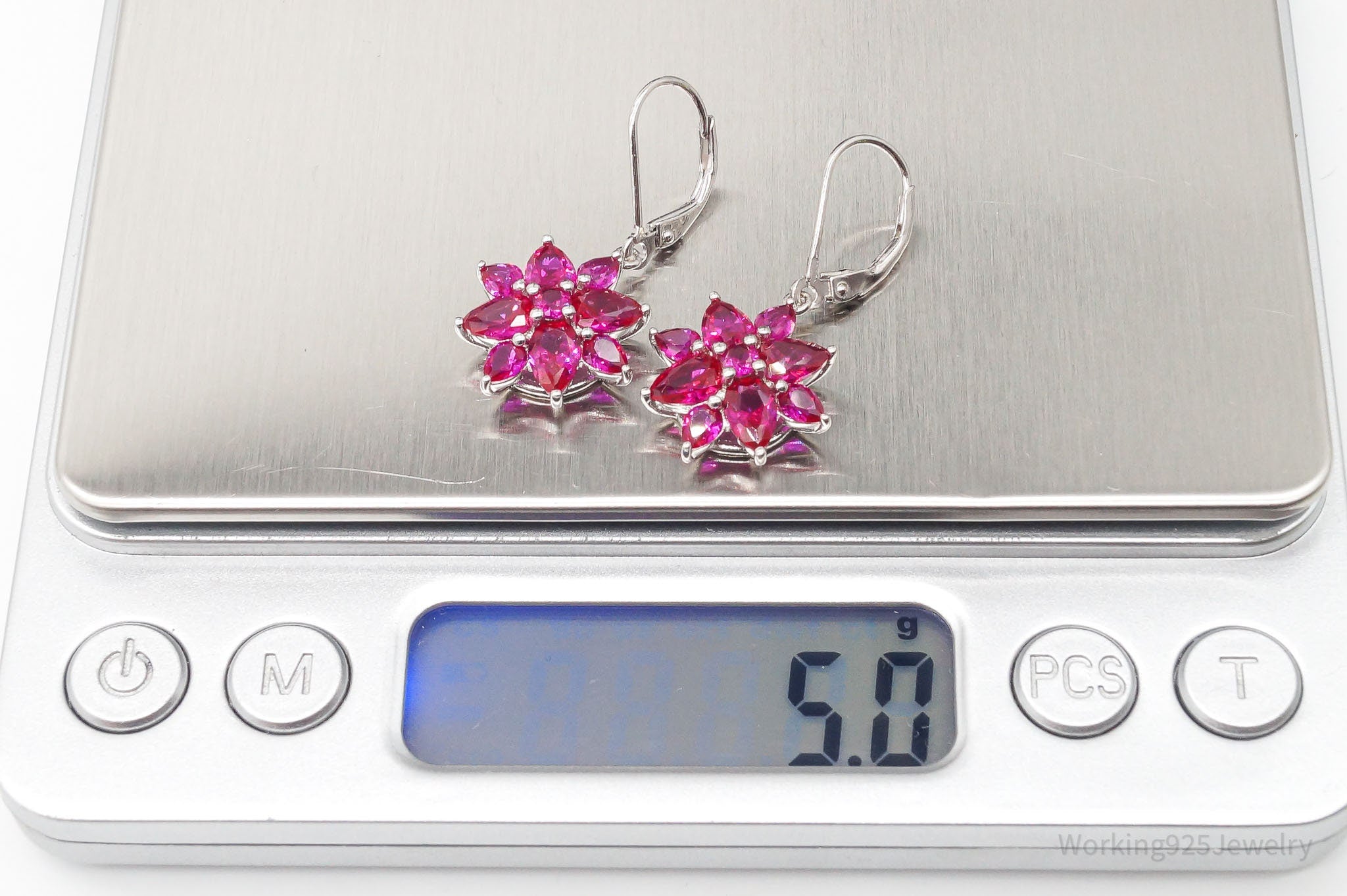 Designer BBJ Lab Ruby Rhodium Over Sterling Silver Flowers Earrings