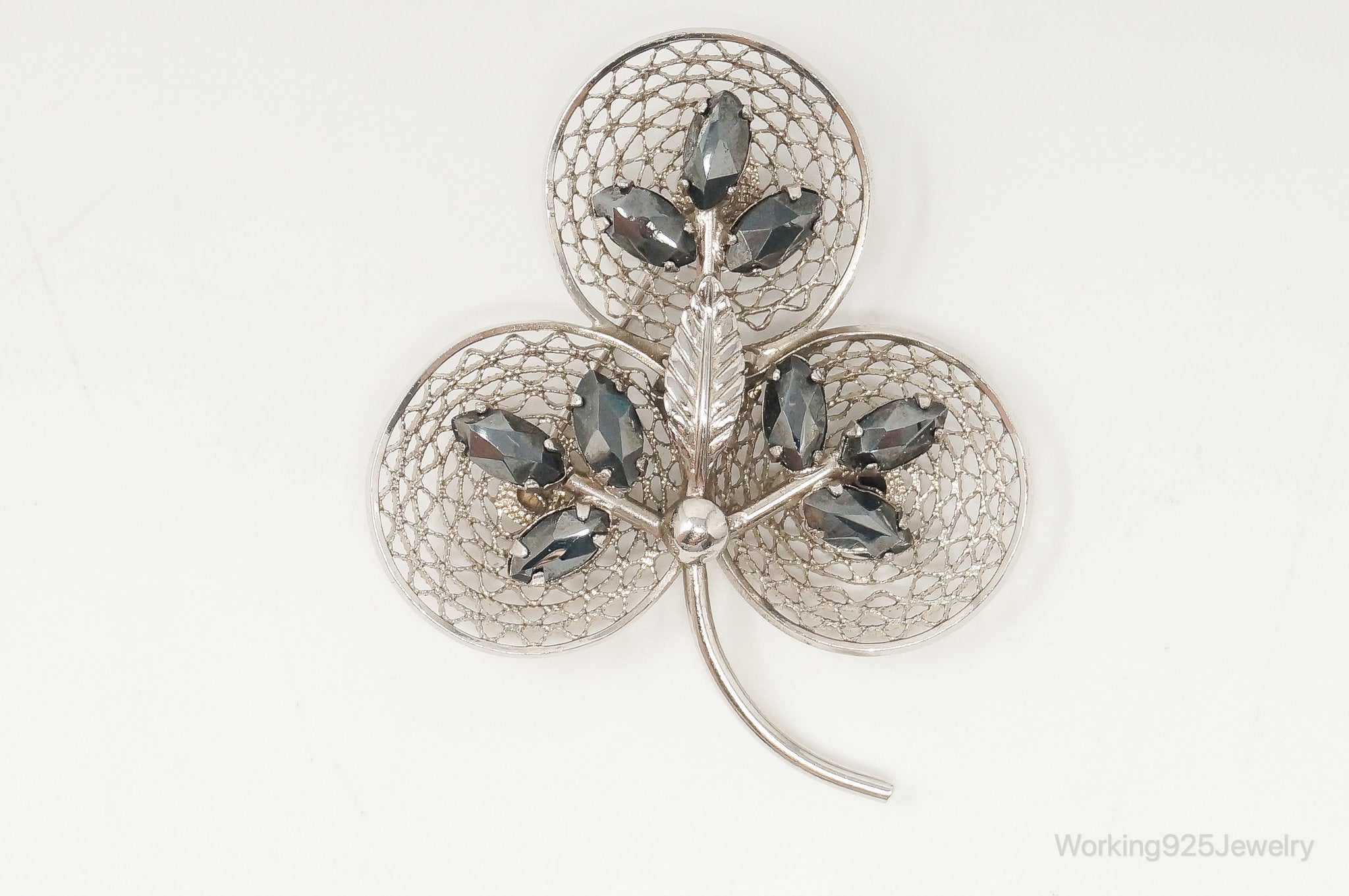 Vintage Designer Sorrento Hematite Clover Sterling Silver Brooch Pin