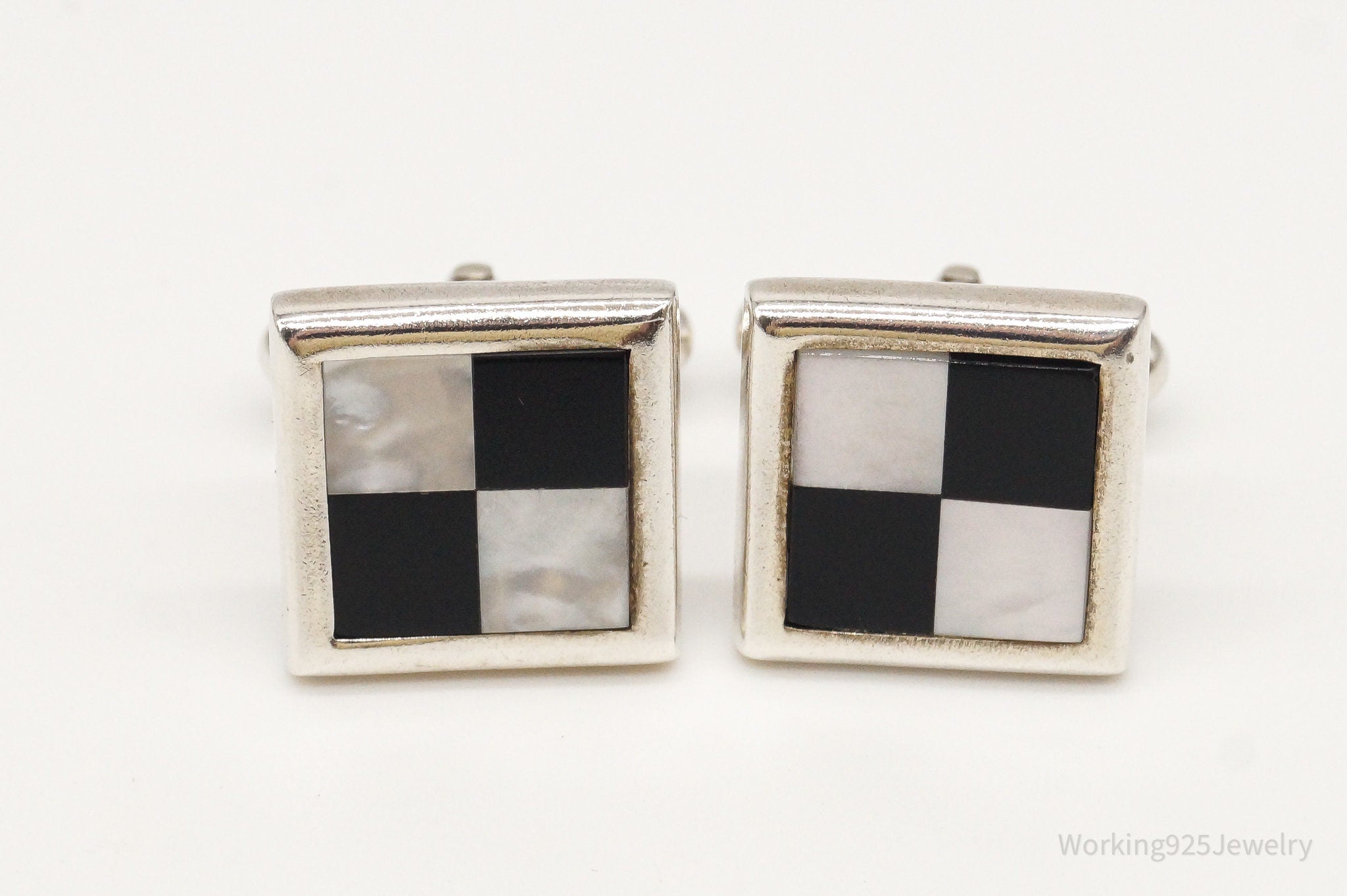 Vintage Birmingham Mother Of Pearl Black Onyx Sterling Silver Cufflinks