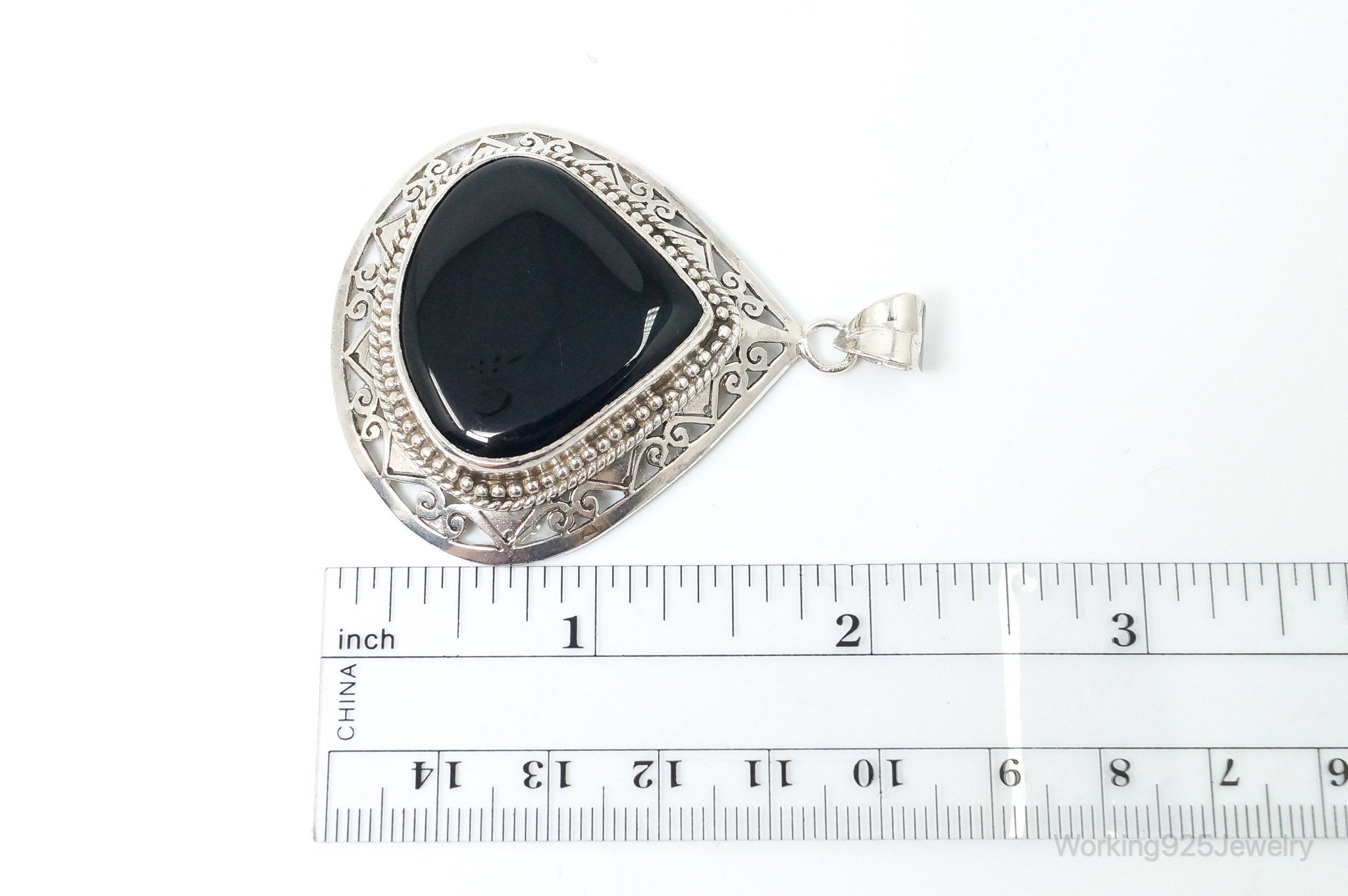 Large Vintage Black Onyx Bali Style Sterling Silver Necklace Pendant