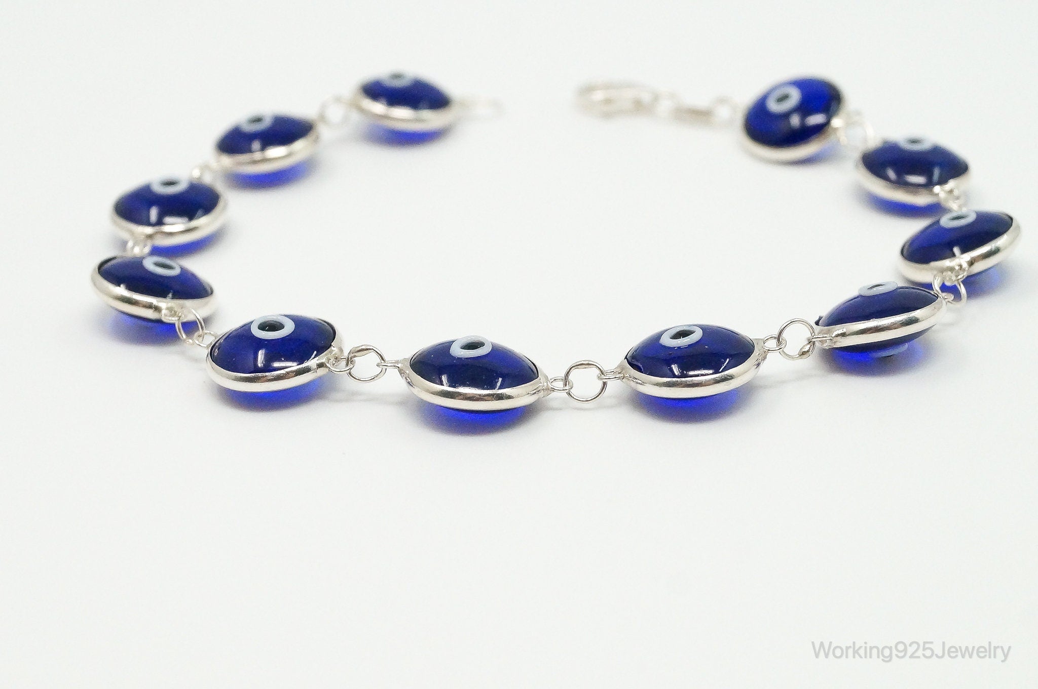 Vintage Blue Glass Eye Sterling Silver Link Bracelet