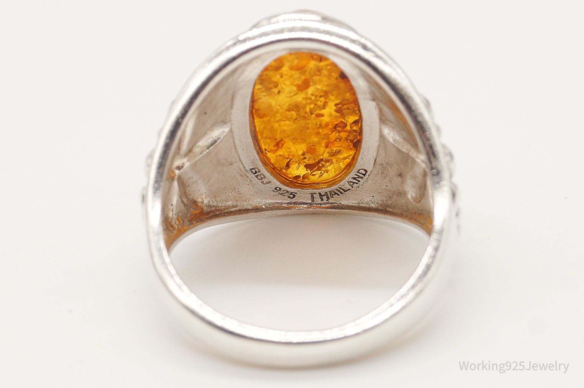 Vintage Designer BBJ Large Amber Sterling Silver Ring - Size 11