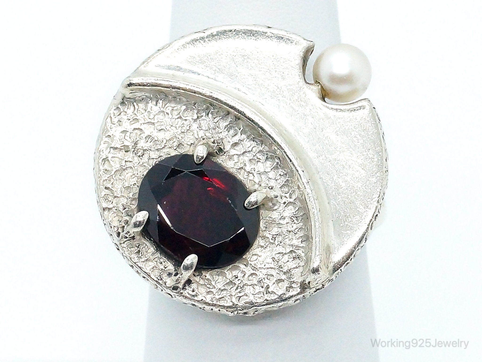 Vintage Garnet Pearl Sterling Silver Ring - Size 6