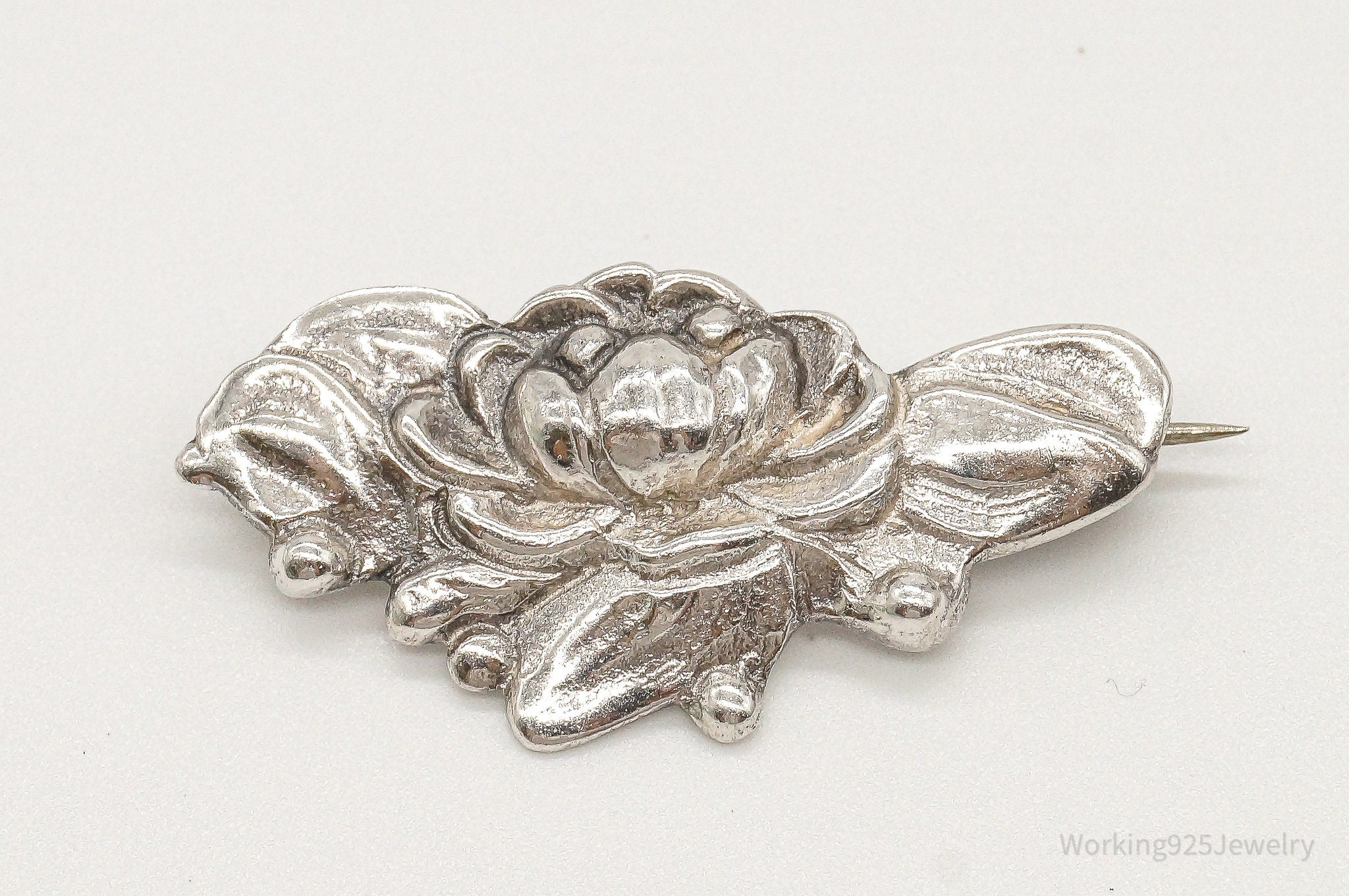 Antique Designer Max Rieg Lotus Flower Sterling Silver Pin Brooch