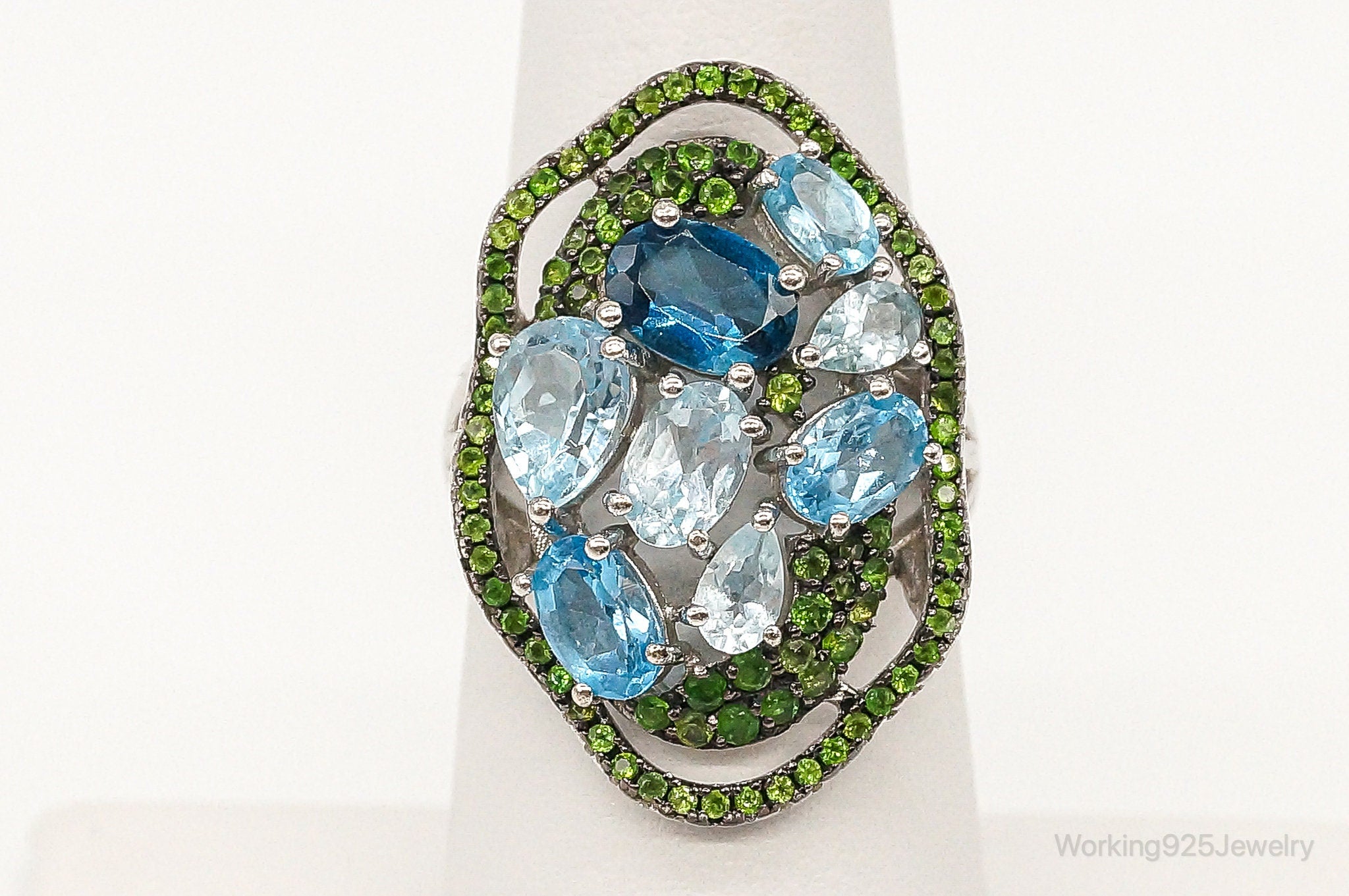 Designer PJM Blue Topaz Aquamarine Peridot Sterling Silver Ring - Size 6.25