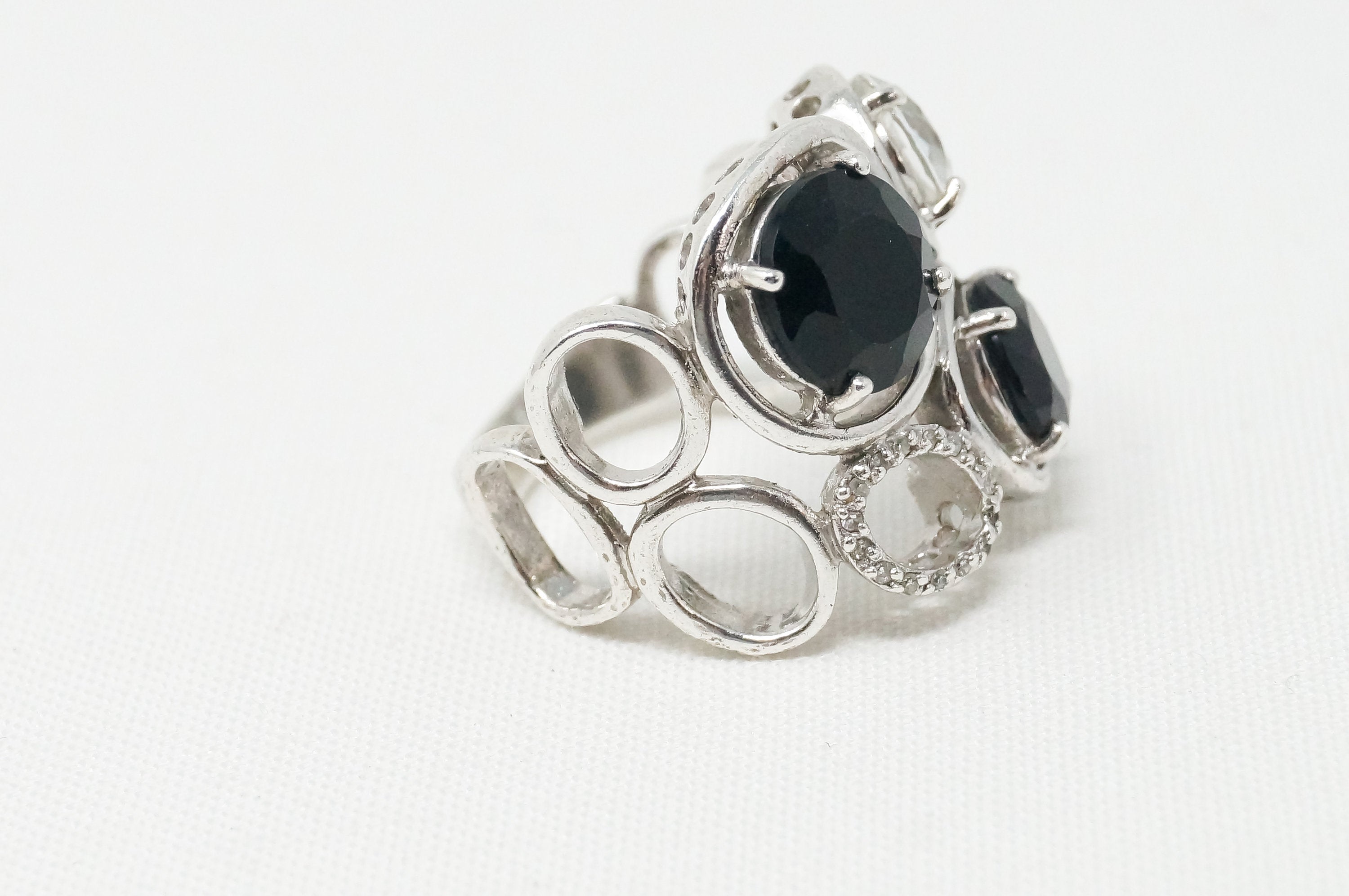 Vintage Art Deco Mid Century Style Black Onyx Cz Sterling Silver Ring - Size 6.5