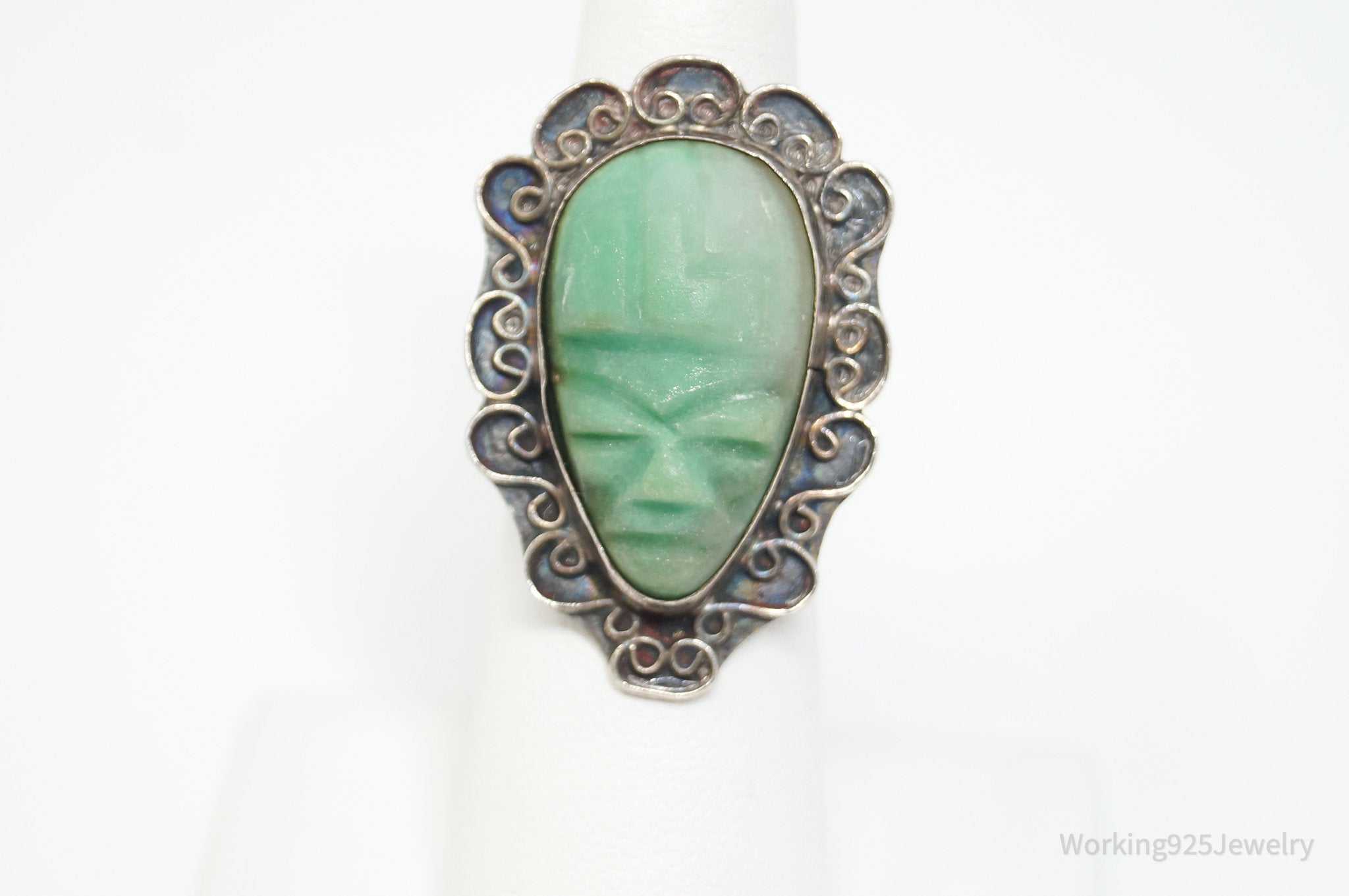 Vintage Aztec Sun God Face Carved Green Stone Sterling Silver Ring - Sz 5.75