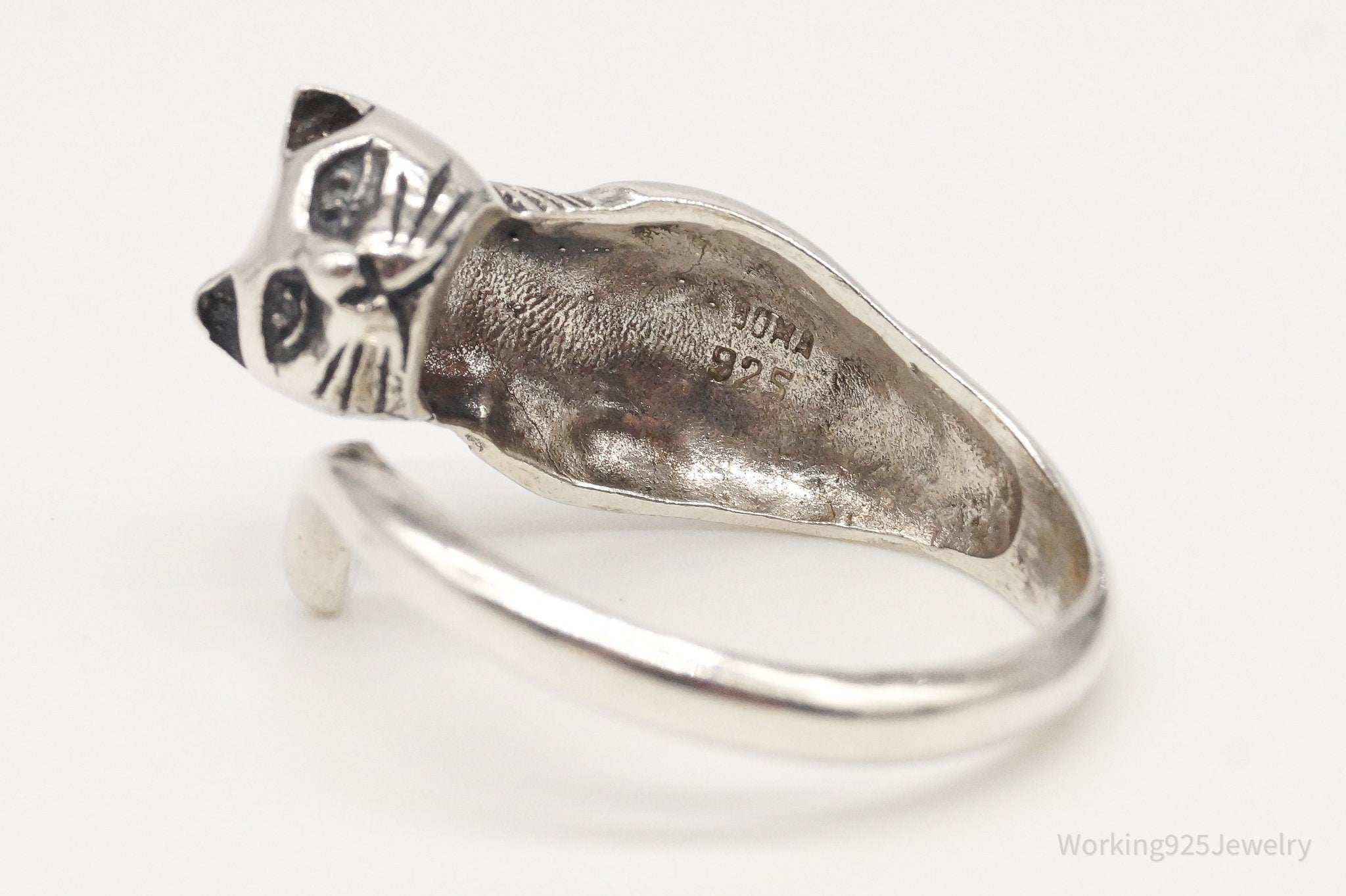 Vintage Designer BOMA Cat Kitty Kitten Sterling Silver Ring - Size 8.25 Adj.