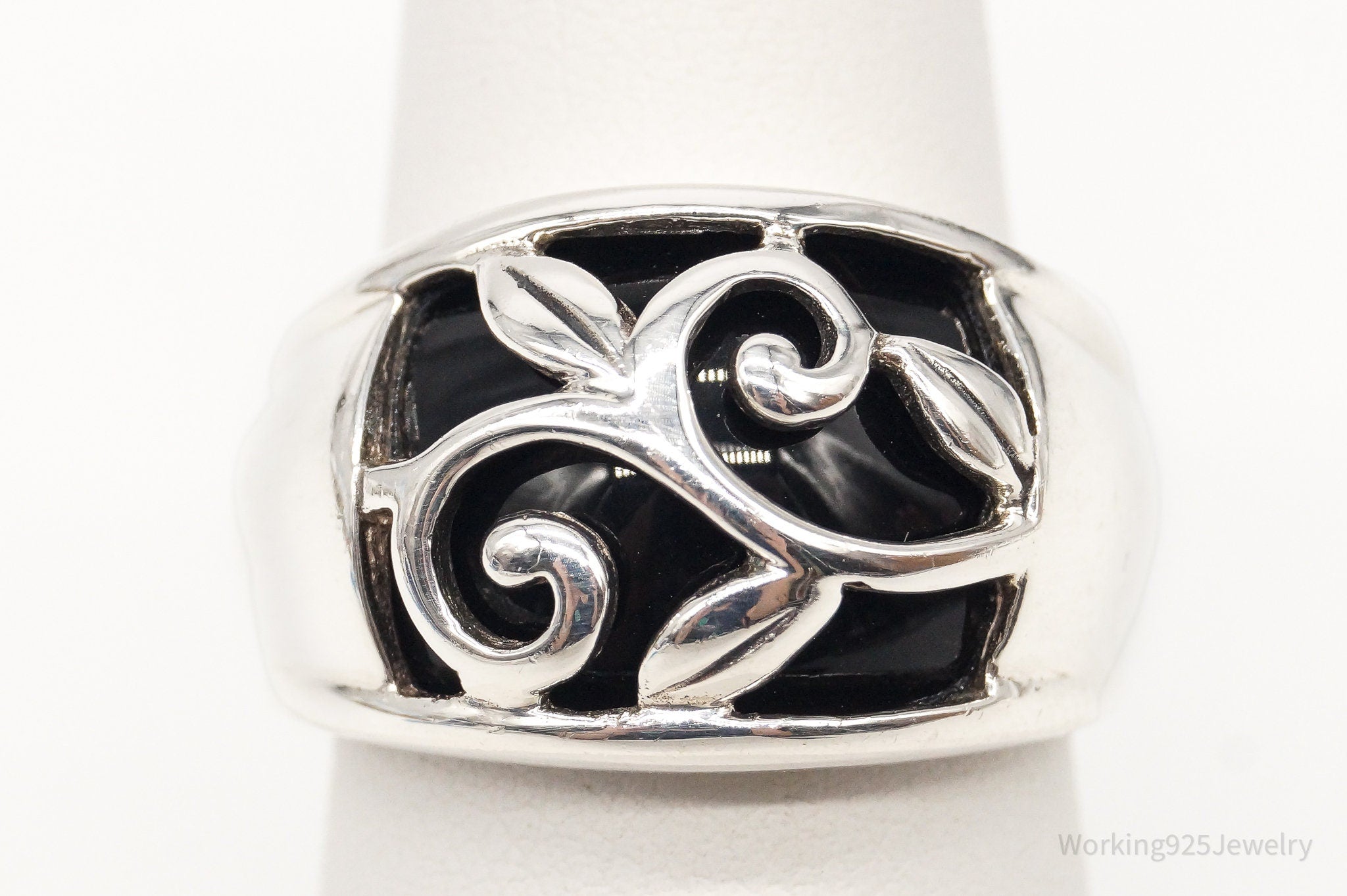 Vintage Black Onyx Vines Sterling Silver Ring - Size 7