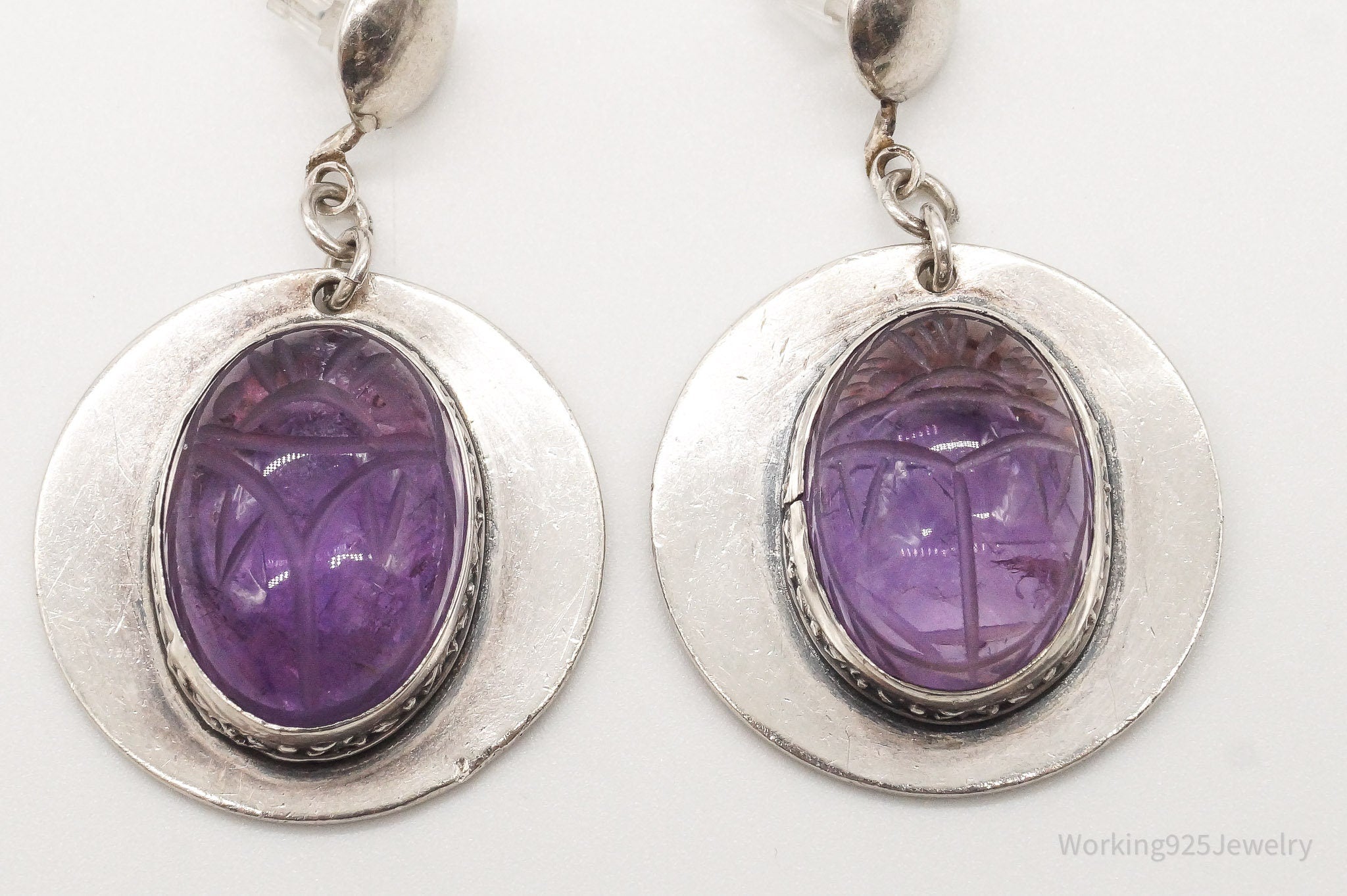 Vintage Large Carved Amethyst Egyptian Scarab Sterling Silver Earrings