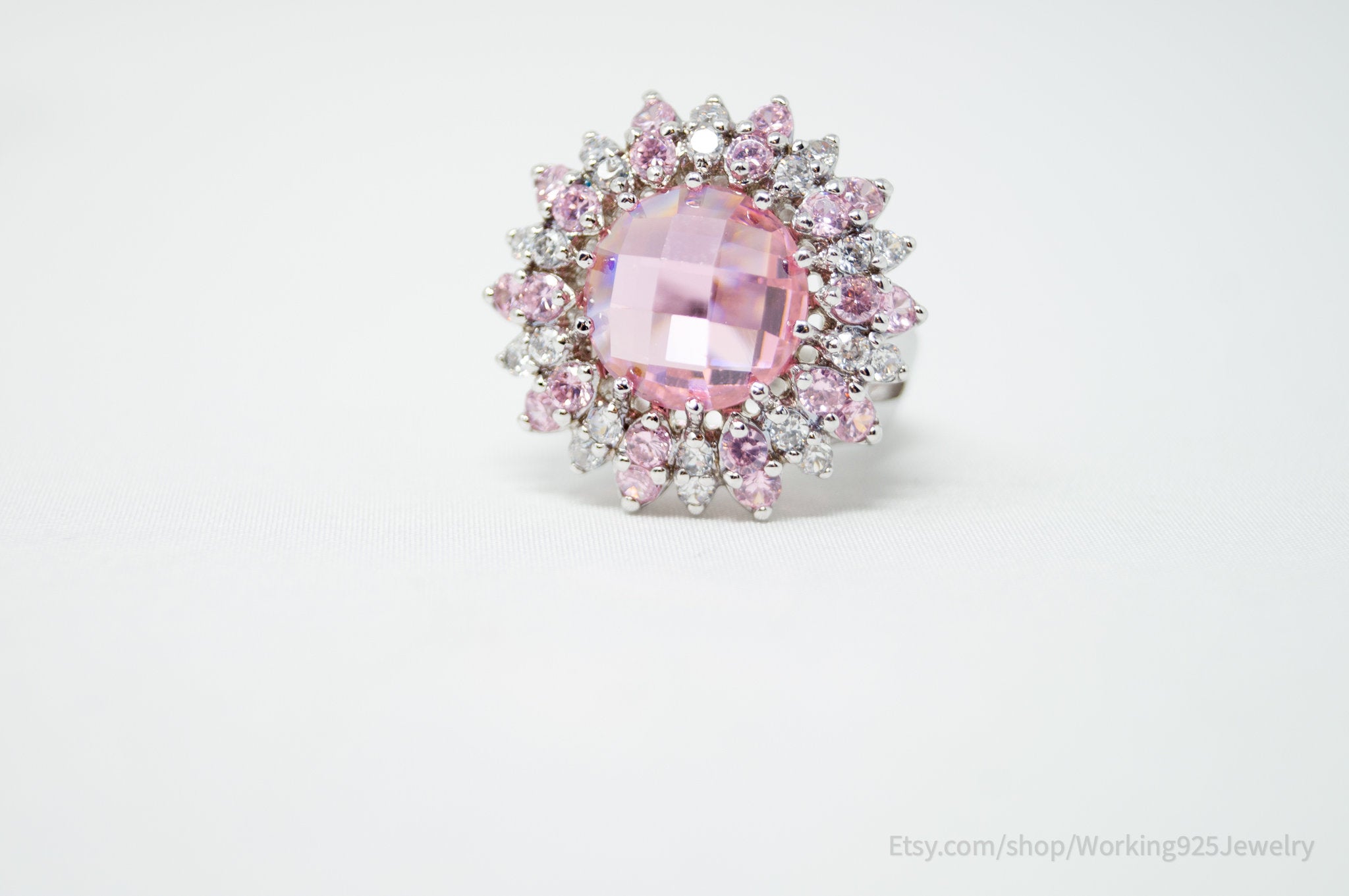 Vintage Art Deco Style Pink Topaz CZ Cluster Sterling Silver Ring - Size 6.75