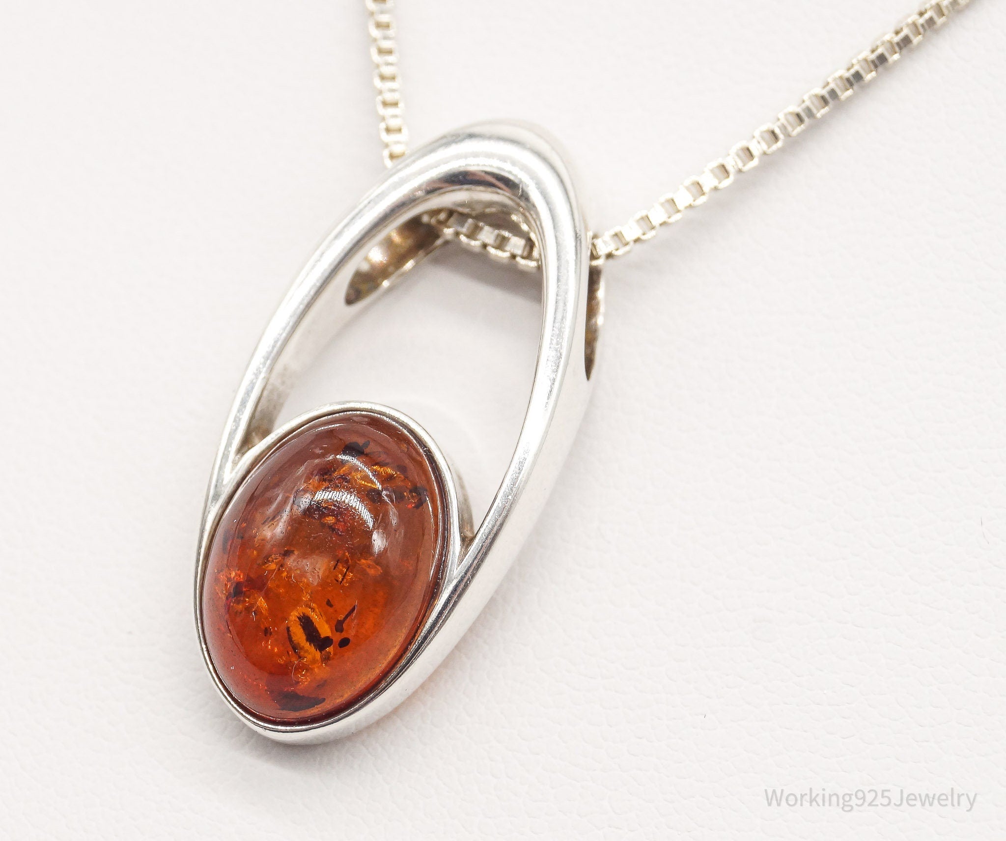 Vintage Amber Modernist Sterling Silver Chain Necklace