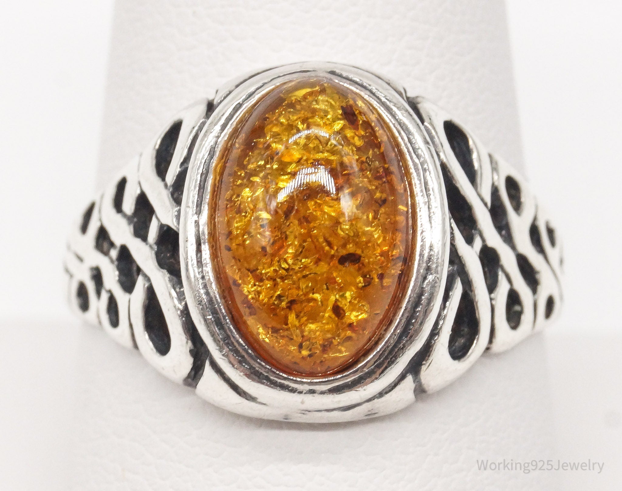 Vintage Amber Sterling Silver Ring - Size 9.5