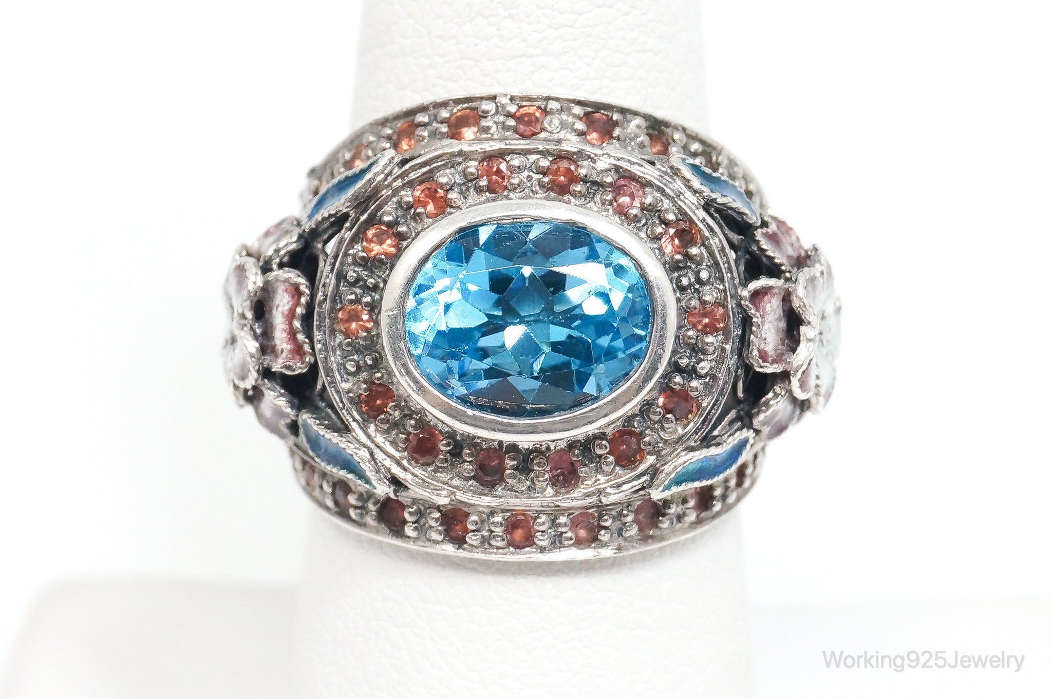 Vintage Blue Topaz CZ Accented Enamel Sterling Silver Ring - SZ 7.25