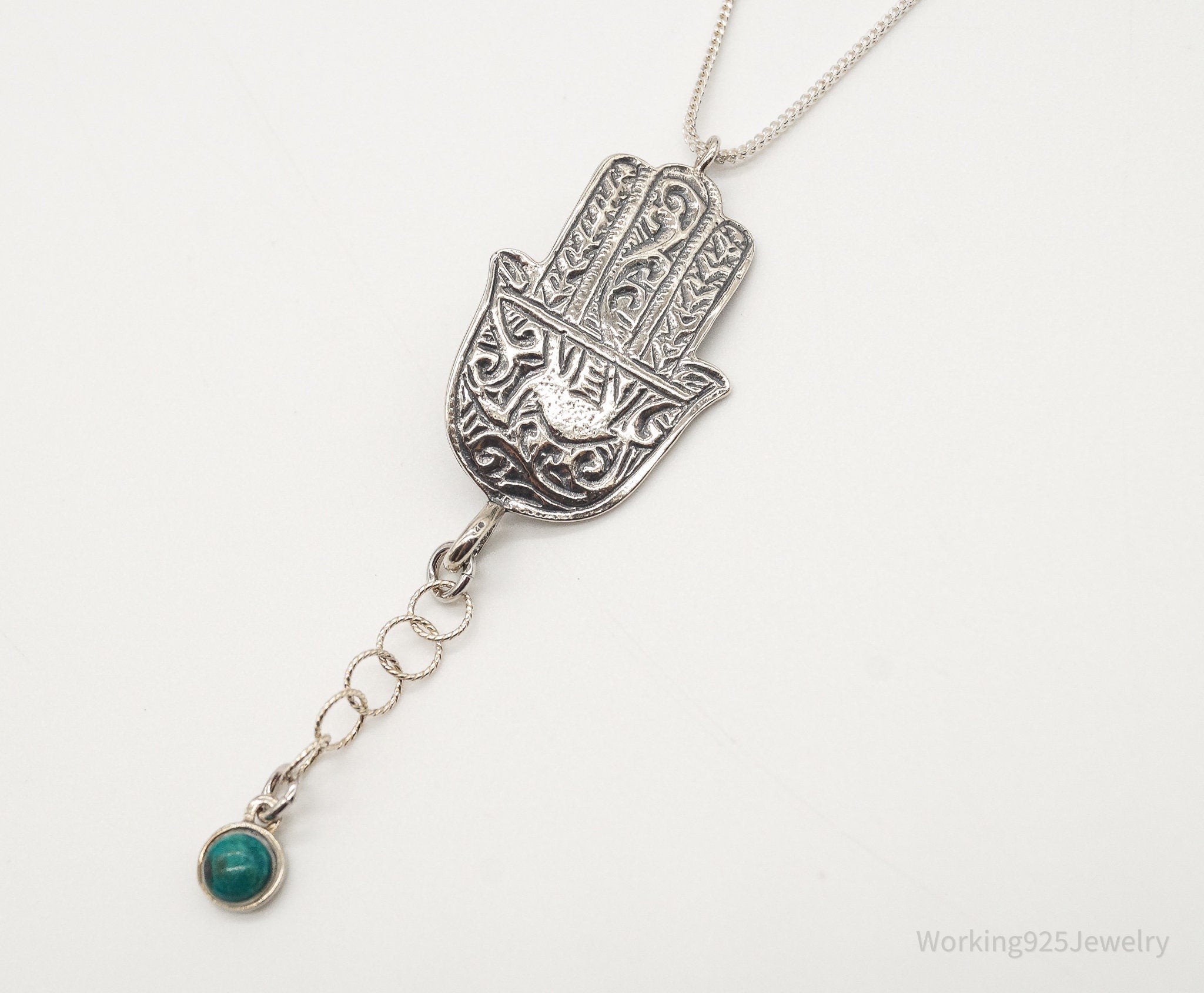 Vintage Israel Designer RL Hamsa Hand Turquoise Sterling Silver Necklace