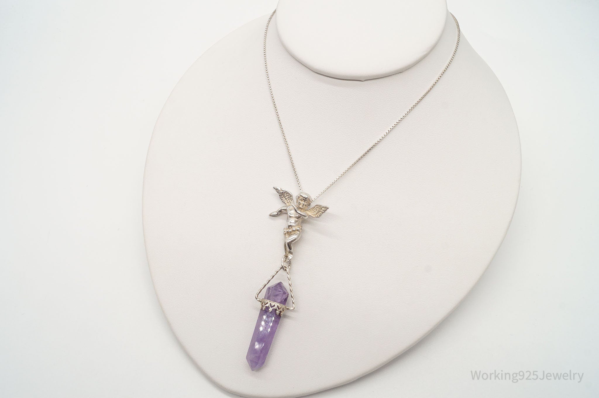 Vintage Amethyst Crystal Cherub Sterling Silver Necklace