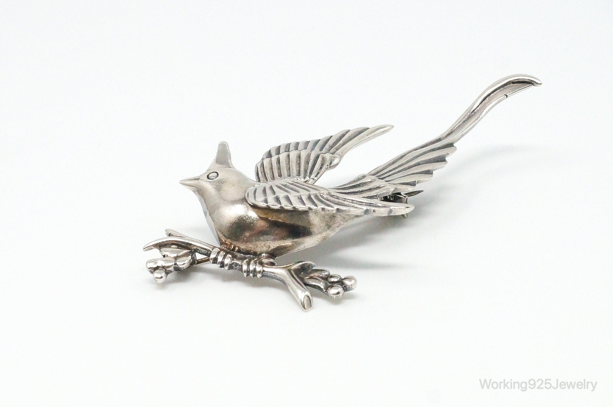 Large Heavy Vintage Mexico Perched Bird Silver Brooch Pin