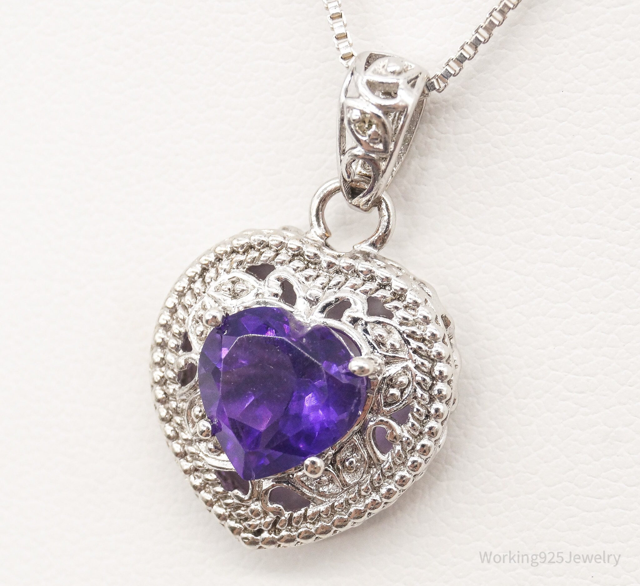 Vintage Amethyst Cubic Zirconia Heart Sterling Silver Necklace