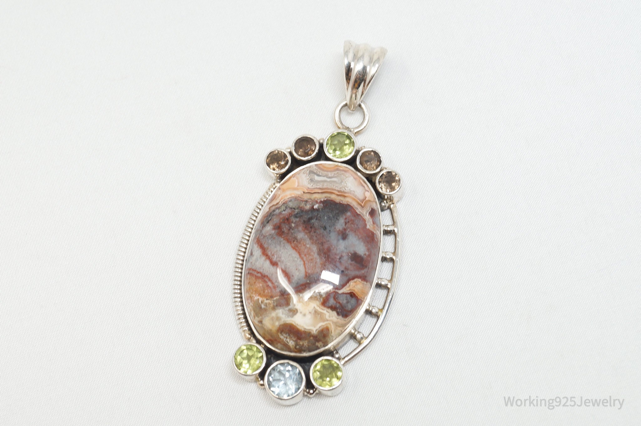 Vintage Large Brown Crazy Lace Agate Peridot Sterling Silver Necklace Pendant